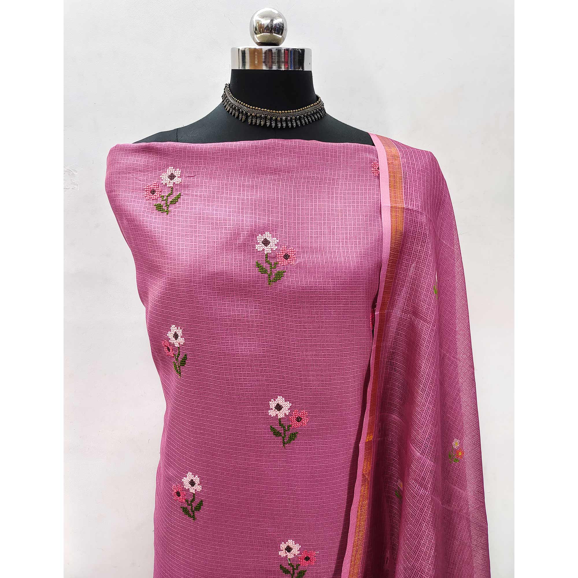 Onion Pink Floral Embroidered Kota Doria Dress Material
