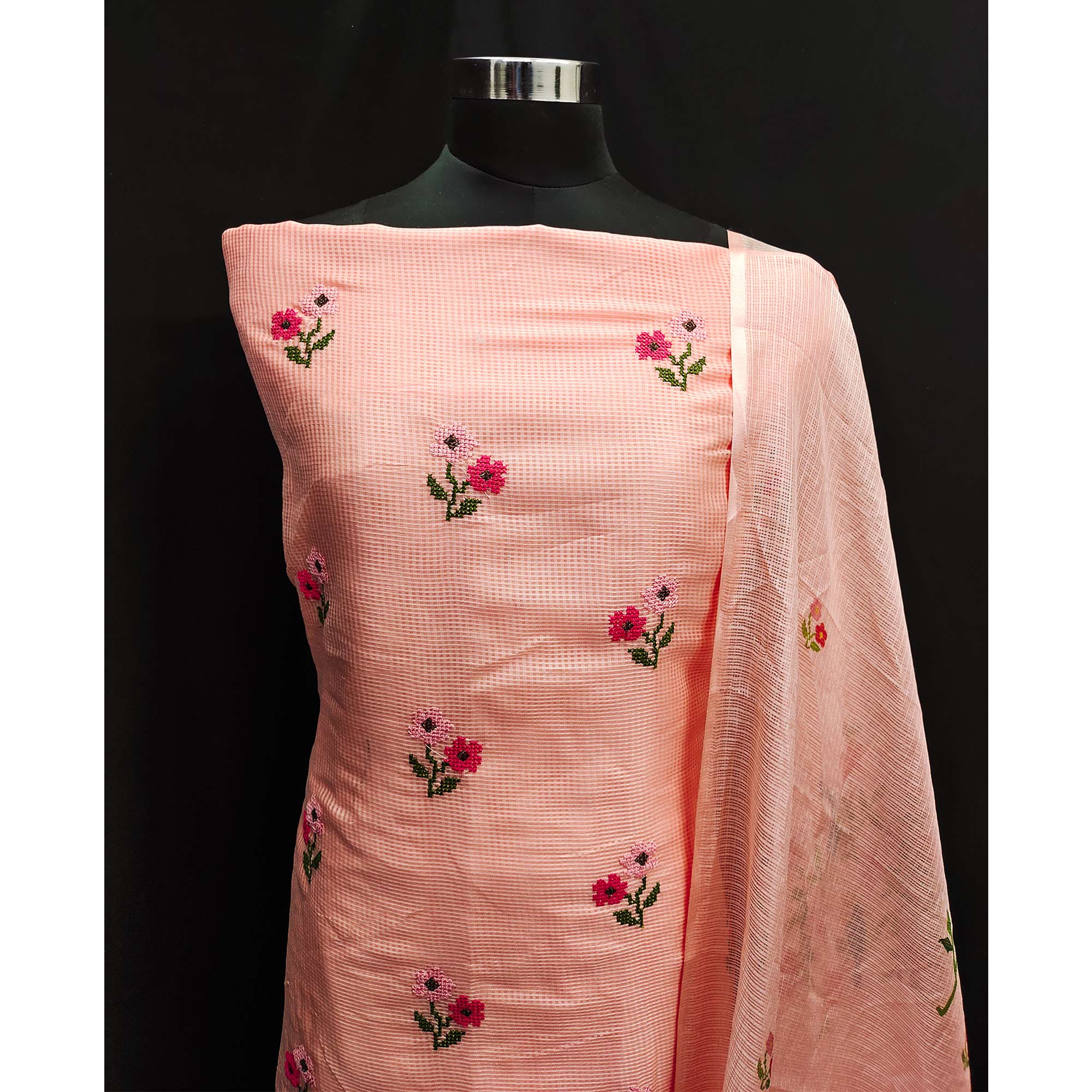 Peach Floral Embroidered Kota Doria Dress Material