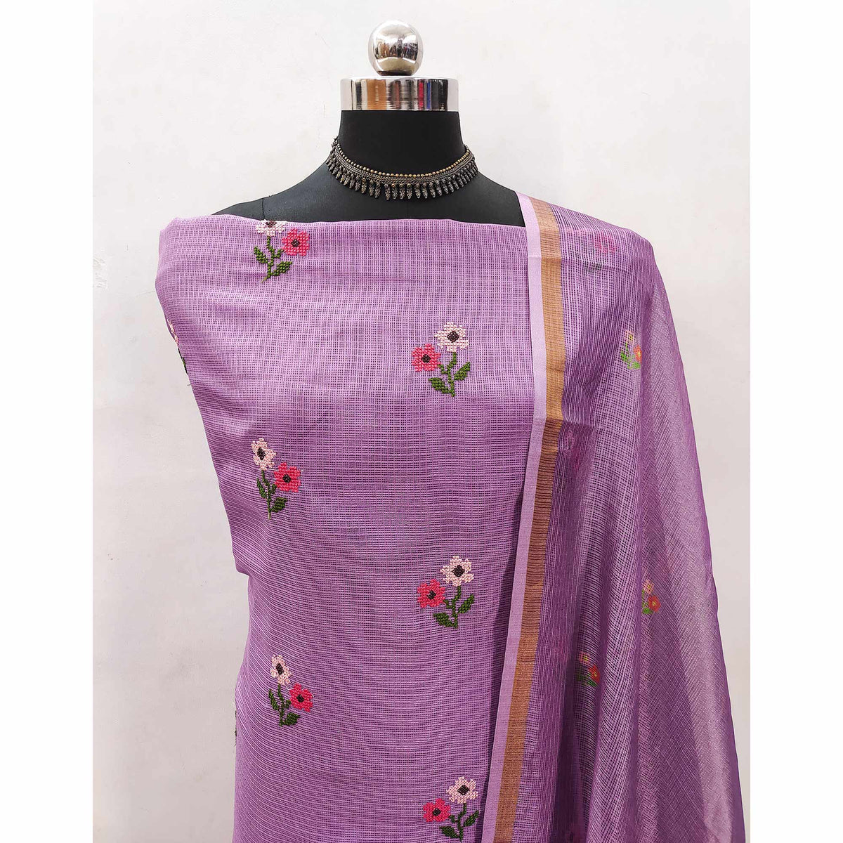 Included product 1: Purple Floral Embroidered Kota Doria Dress Material (RAJT-7358-PURPLE) - original product photograph