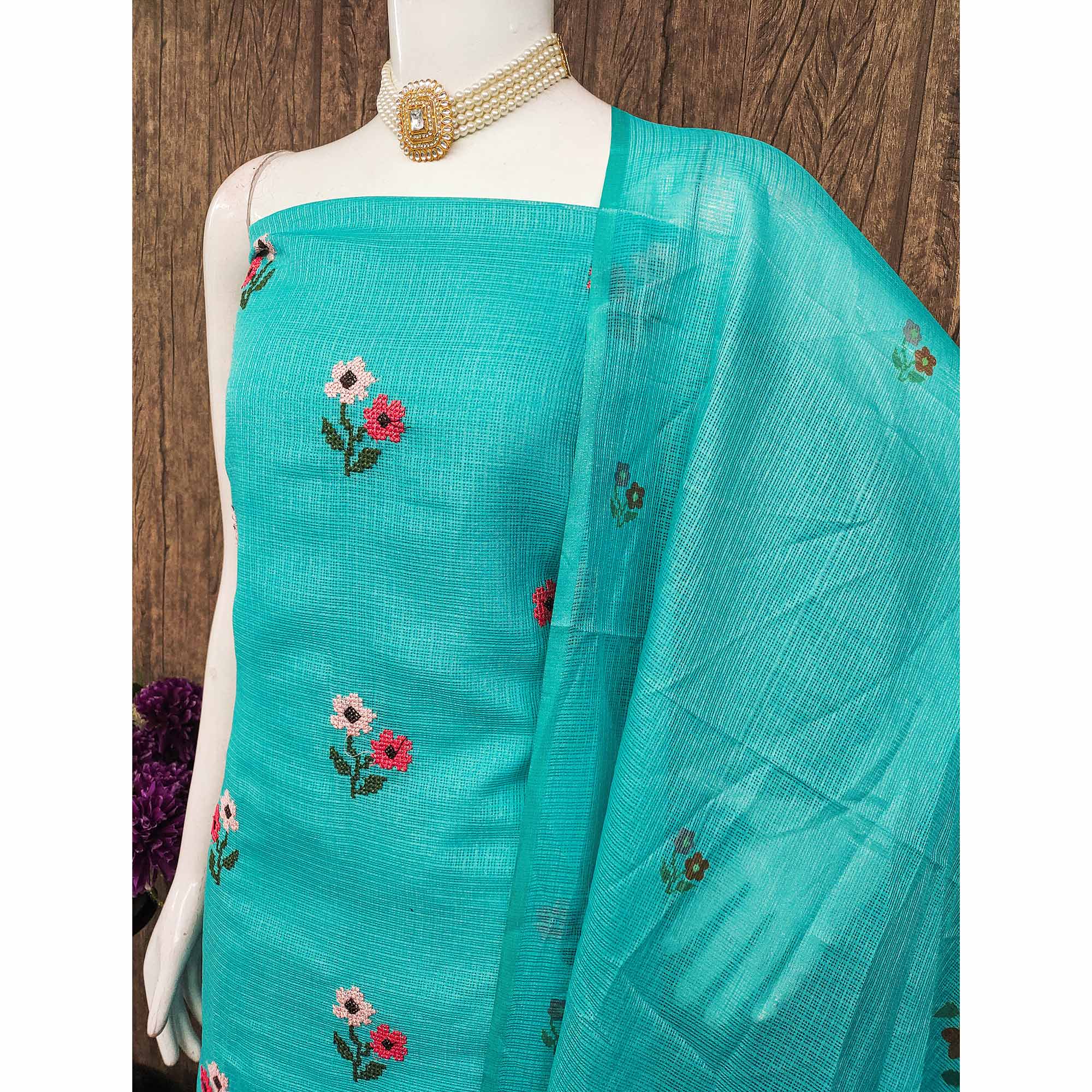 Unstitched Turquoise Suit Set in Soft Kota Doria Adorned with Floral Embroidery