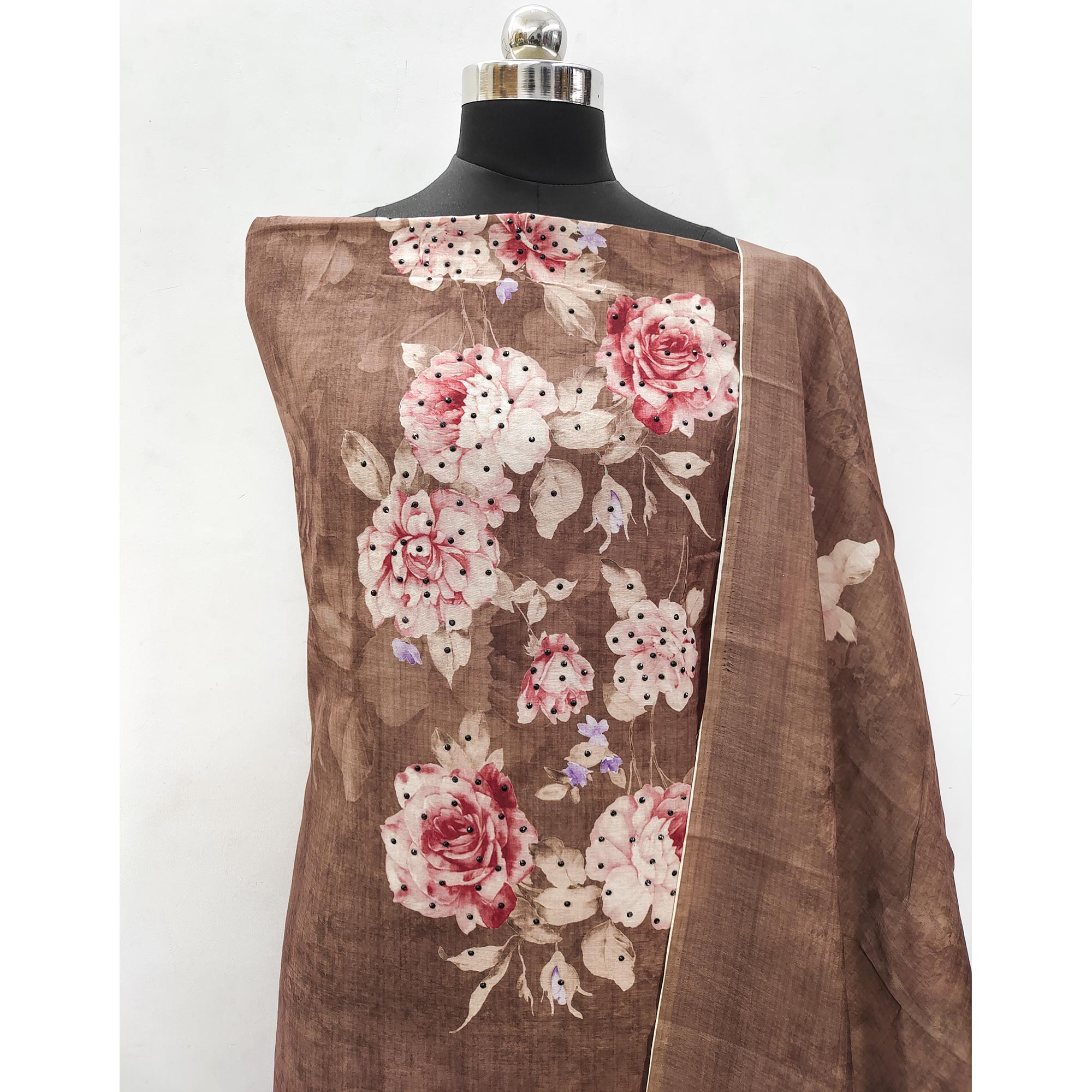 Brown Floral Printed Chanderi Dress Material