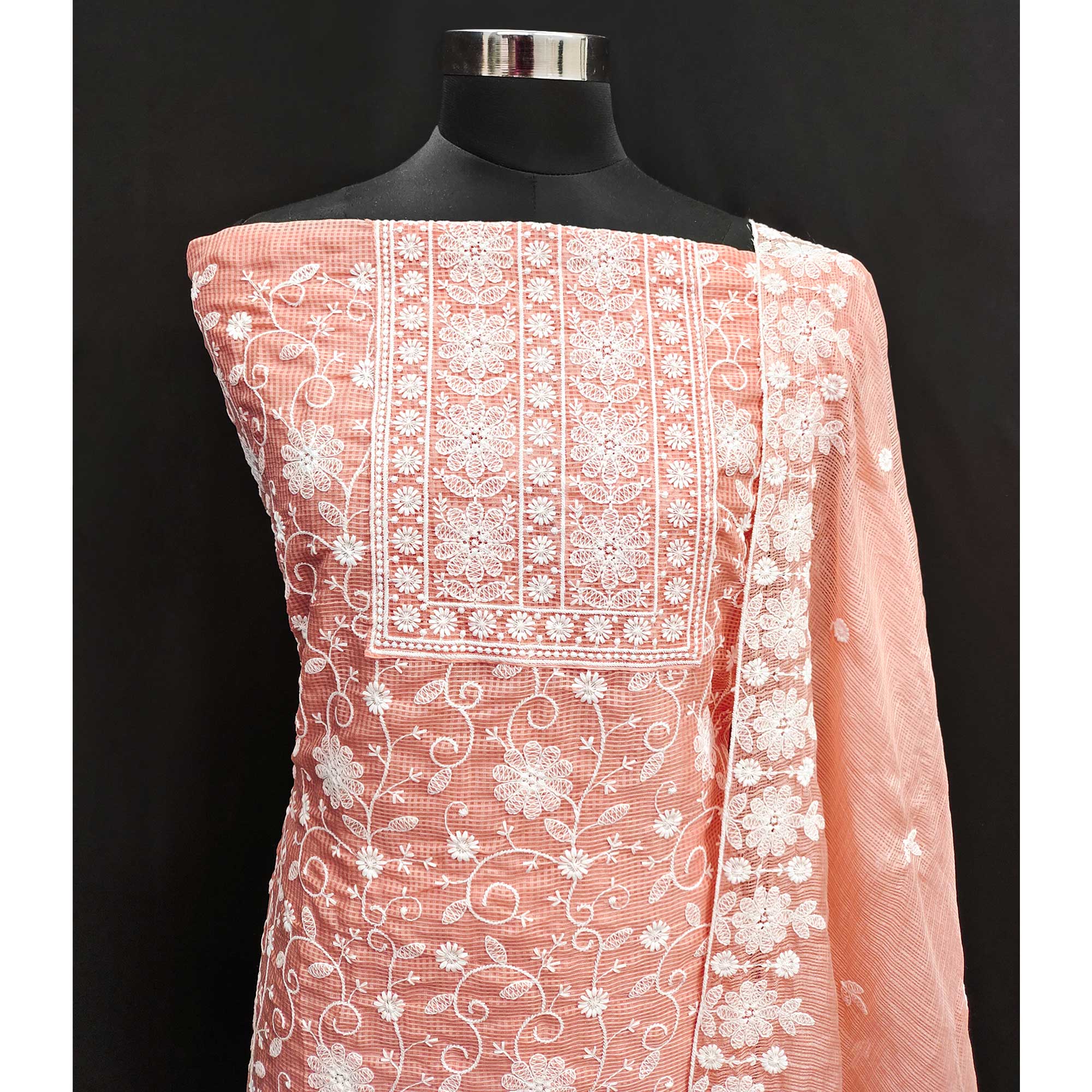 Peach Floral Embroidered Kota Doria Dress Material