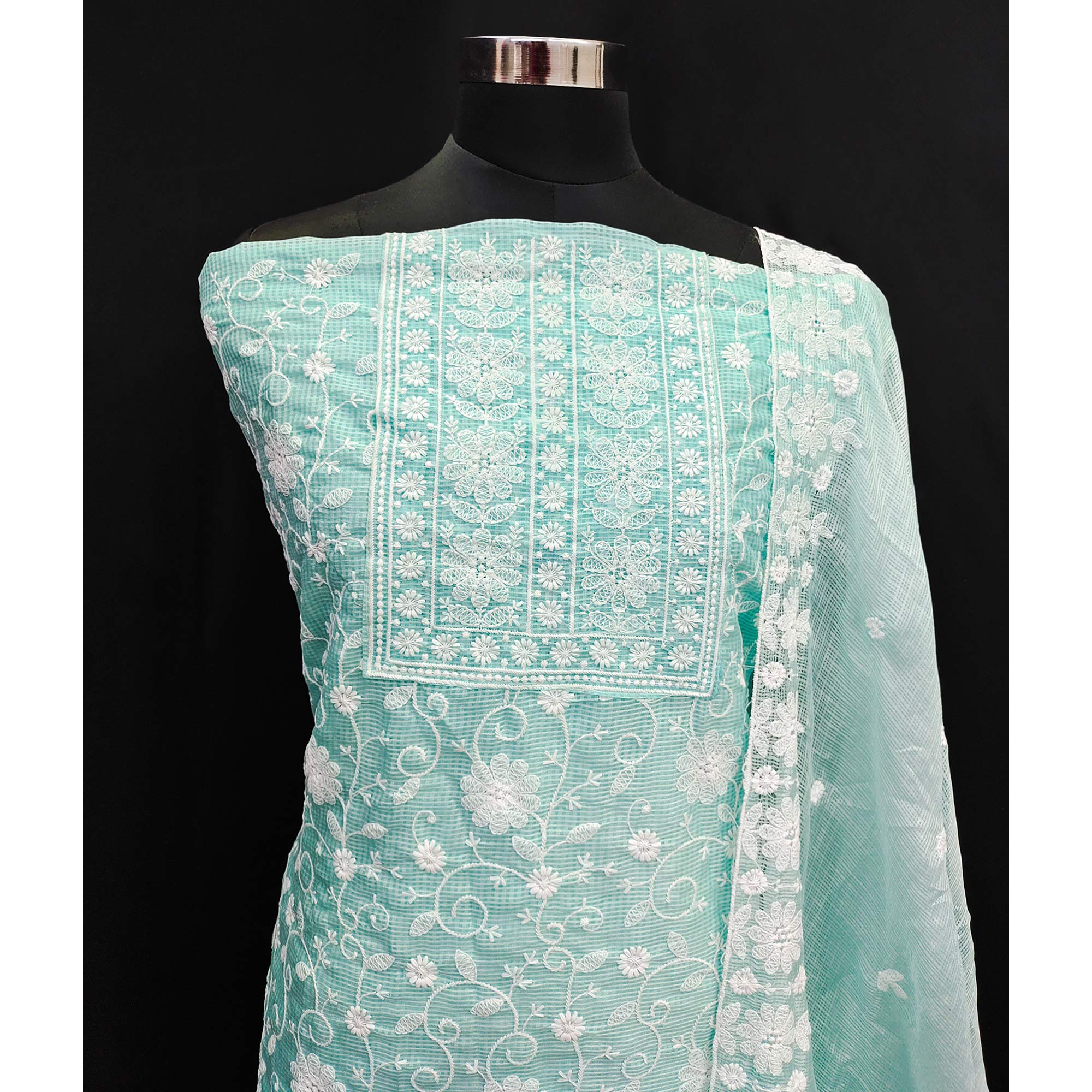 Sea Green Floral Embroidered Kota Doria Dress Material