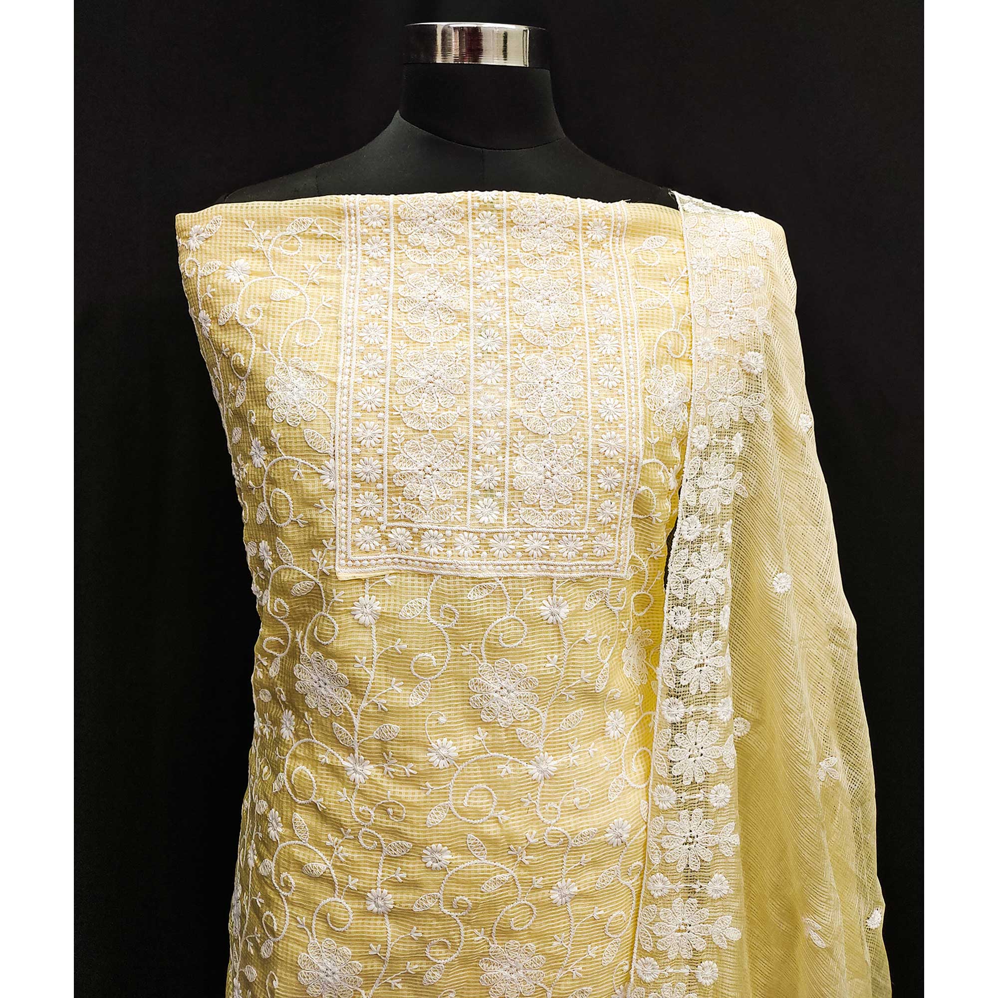 Yellow Floral Embroidered Kota Doria Dress Material