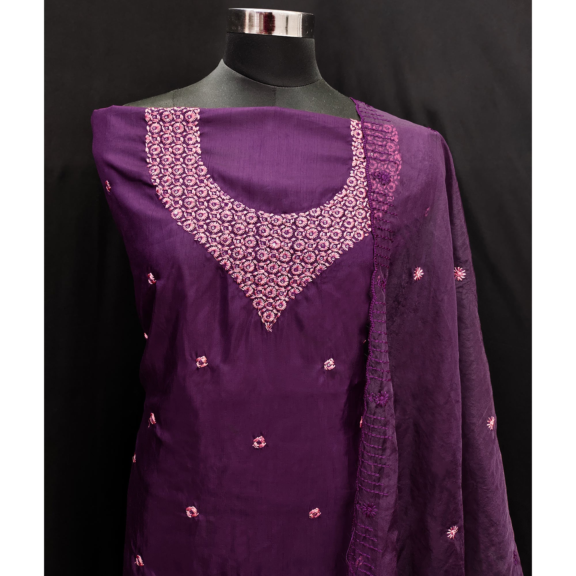Purple Floral Embroidered Art Silk Dress Material
