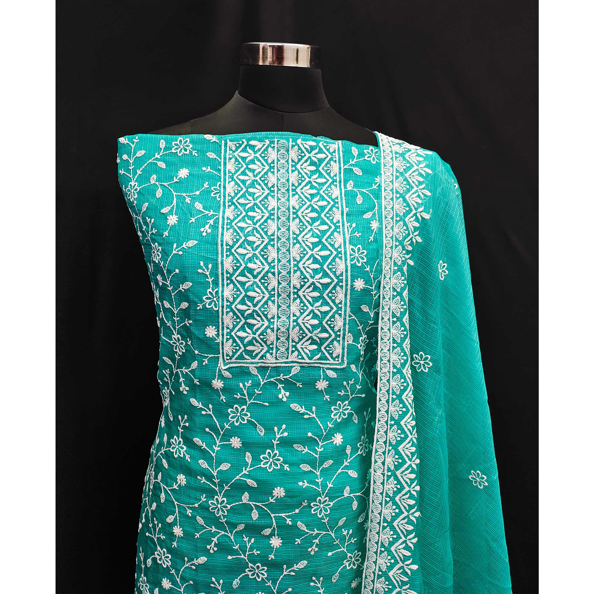 Turquoise Floral Embroidered Kota Doria Dress Material