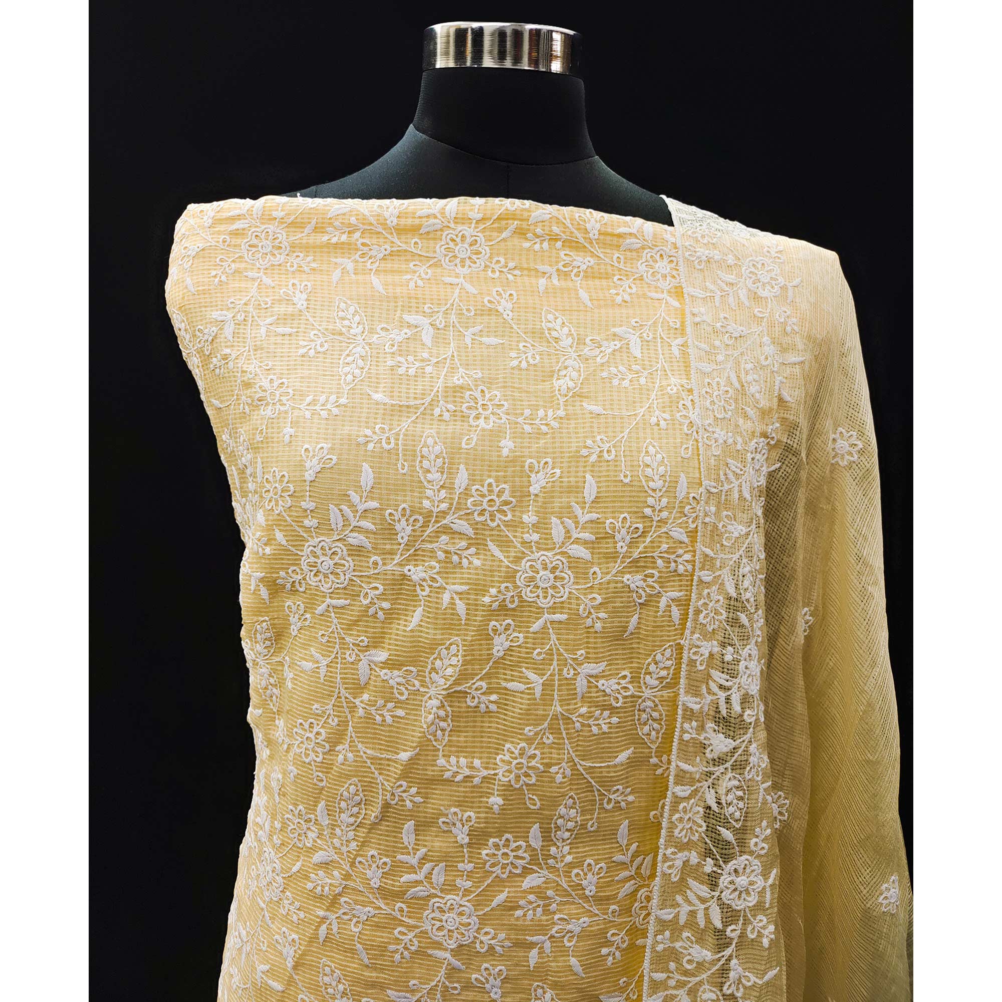 Yellow Floral Embroidered Kota Doria Dress Material