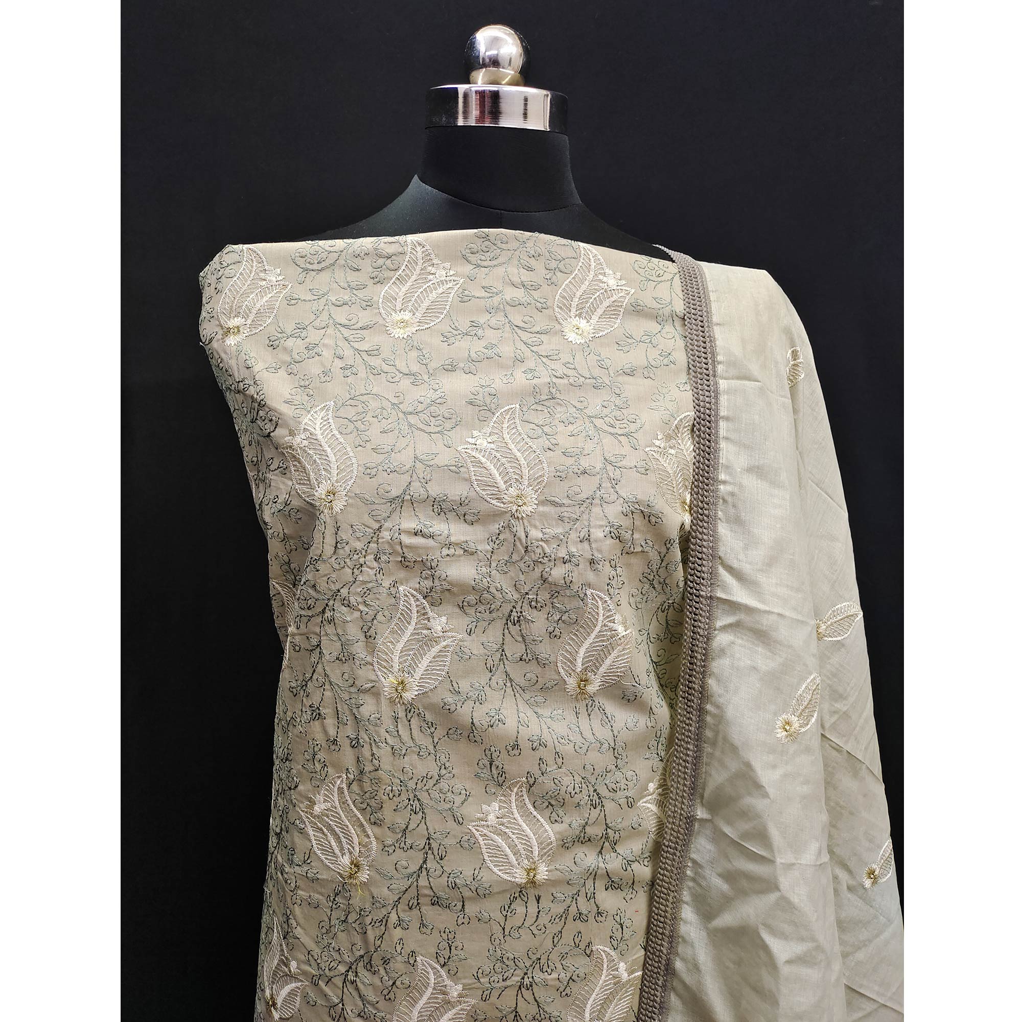 Beige Floral Embroidered Pure Cotton Dress Material