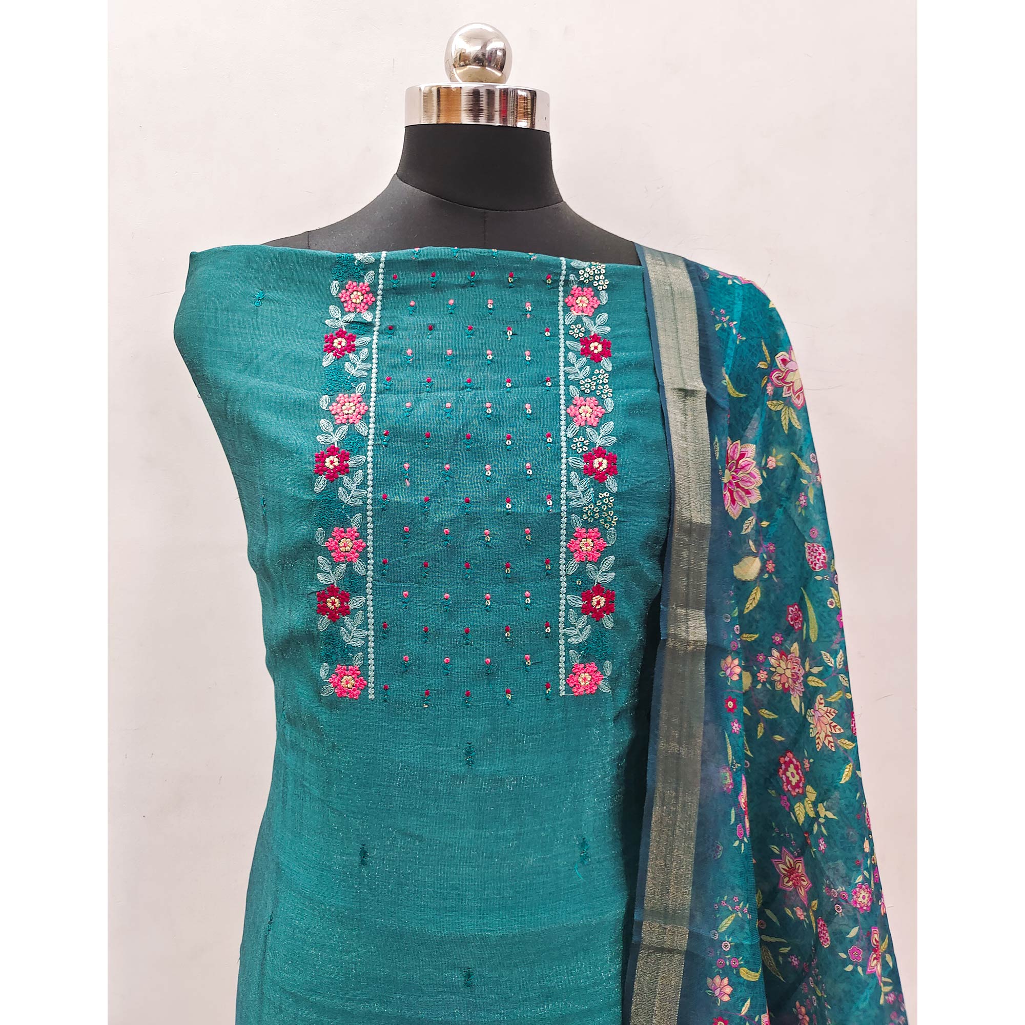 Teal Embroidered Vichitra Silk Dress Material