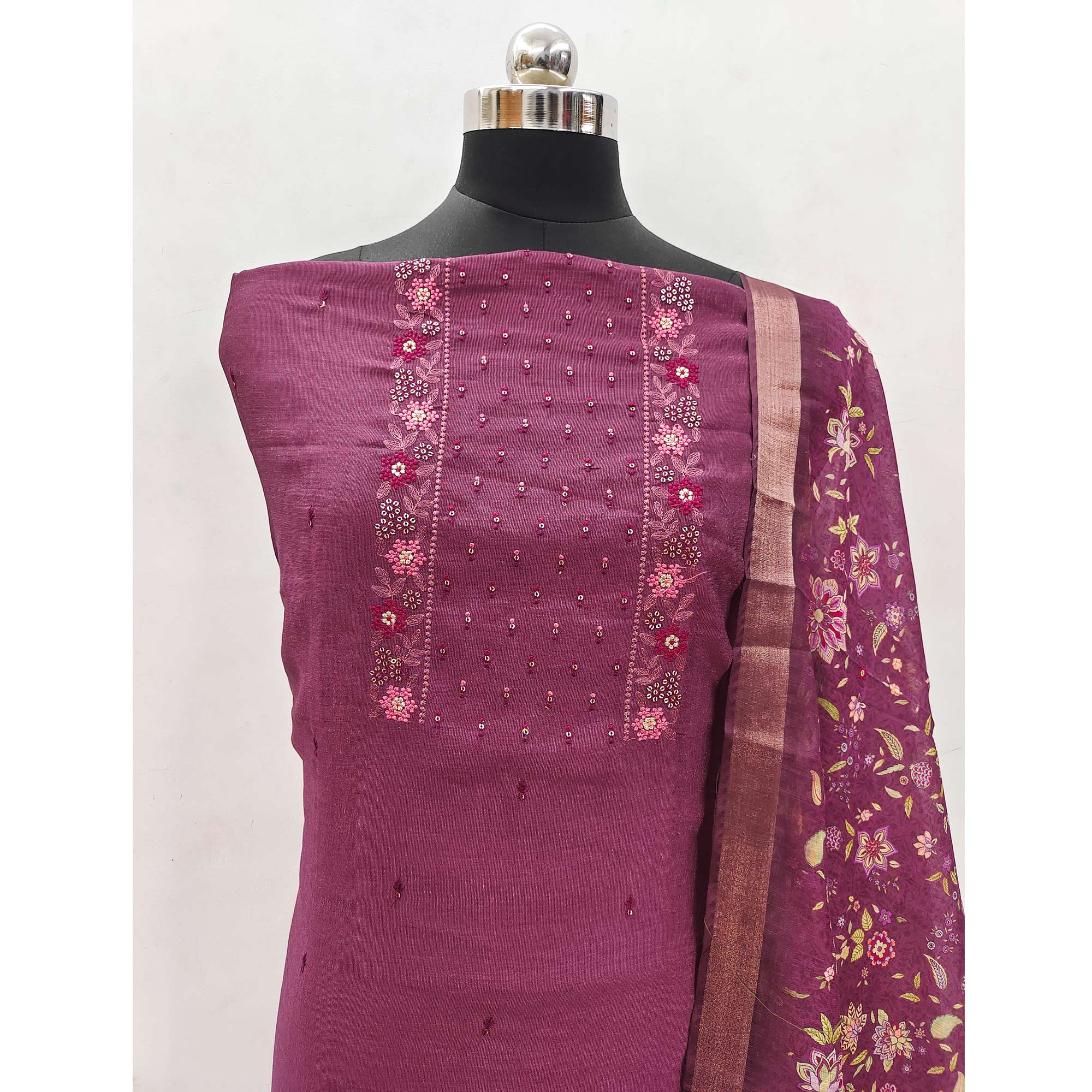 Wine Embroidered Vichitra Silk Dress Material