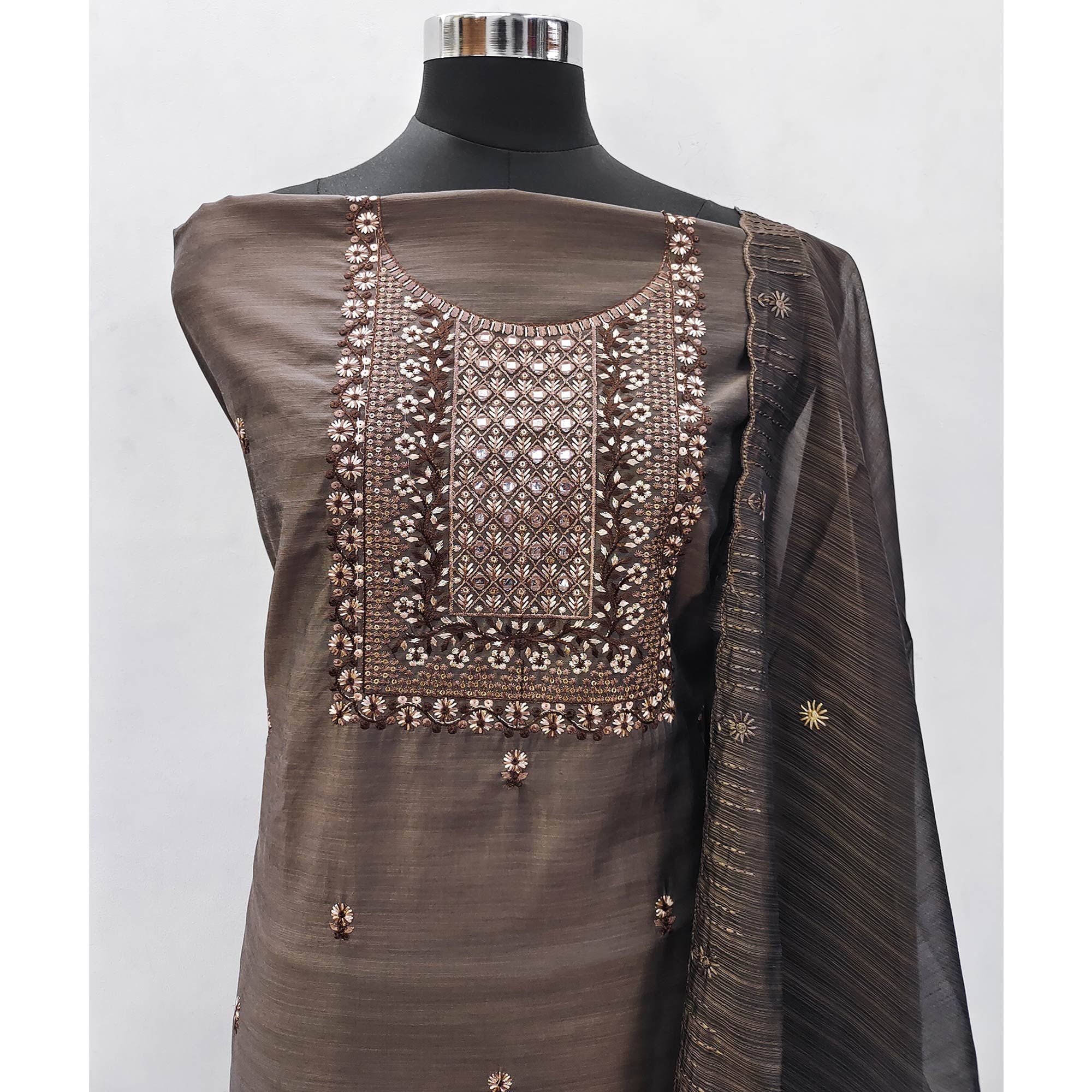 Brown Floral Embroidered Cotton Blend Dress Material