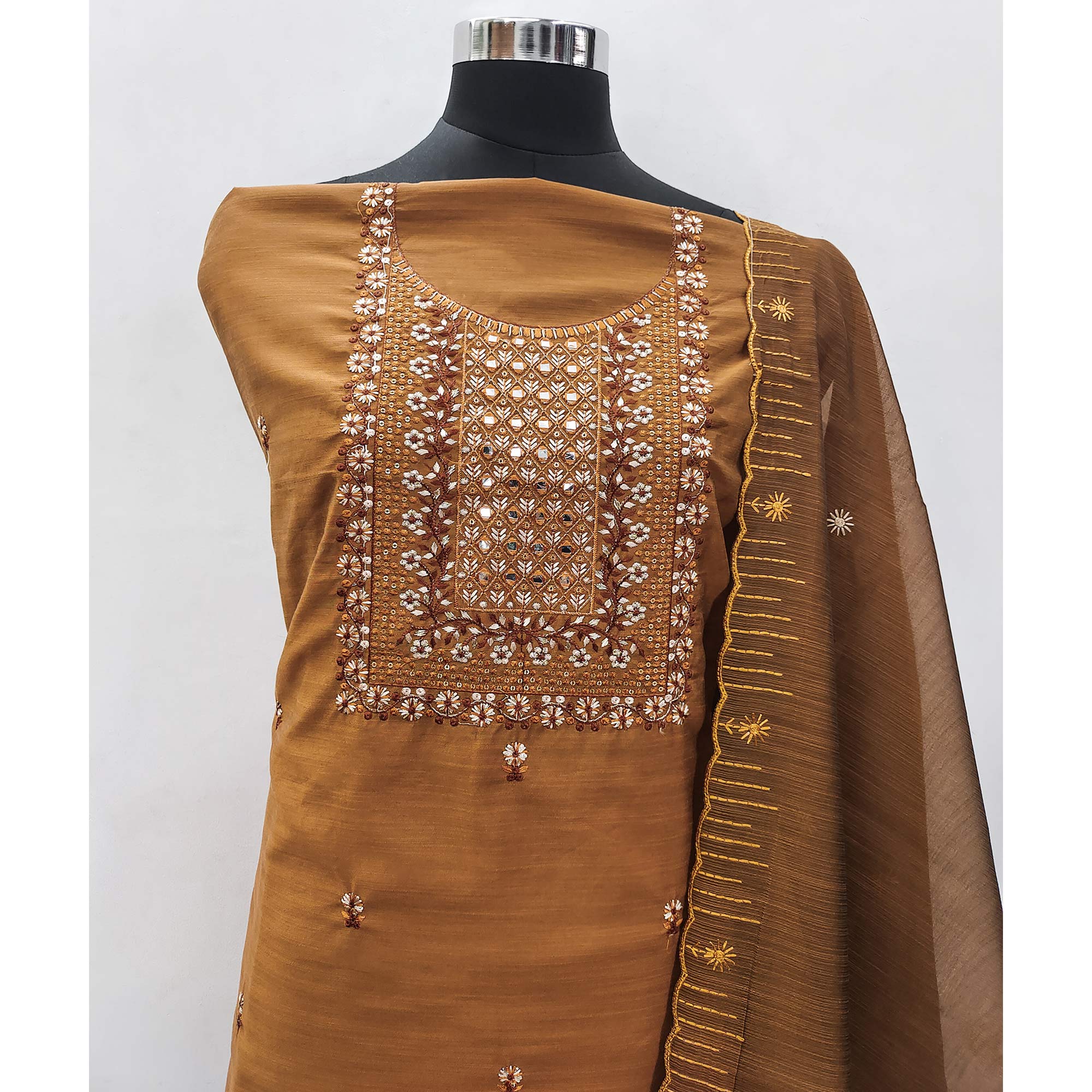 Yellow Ocre Floral Embroidered Cotton Blend Dress Material