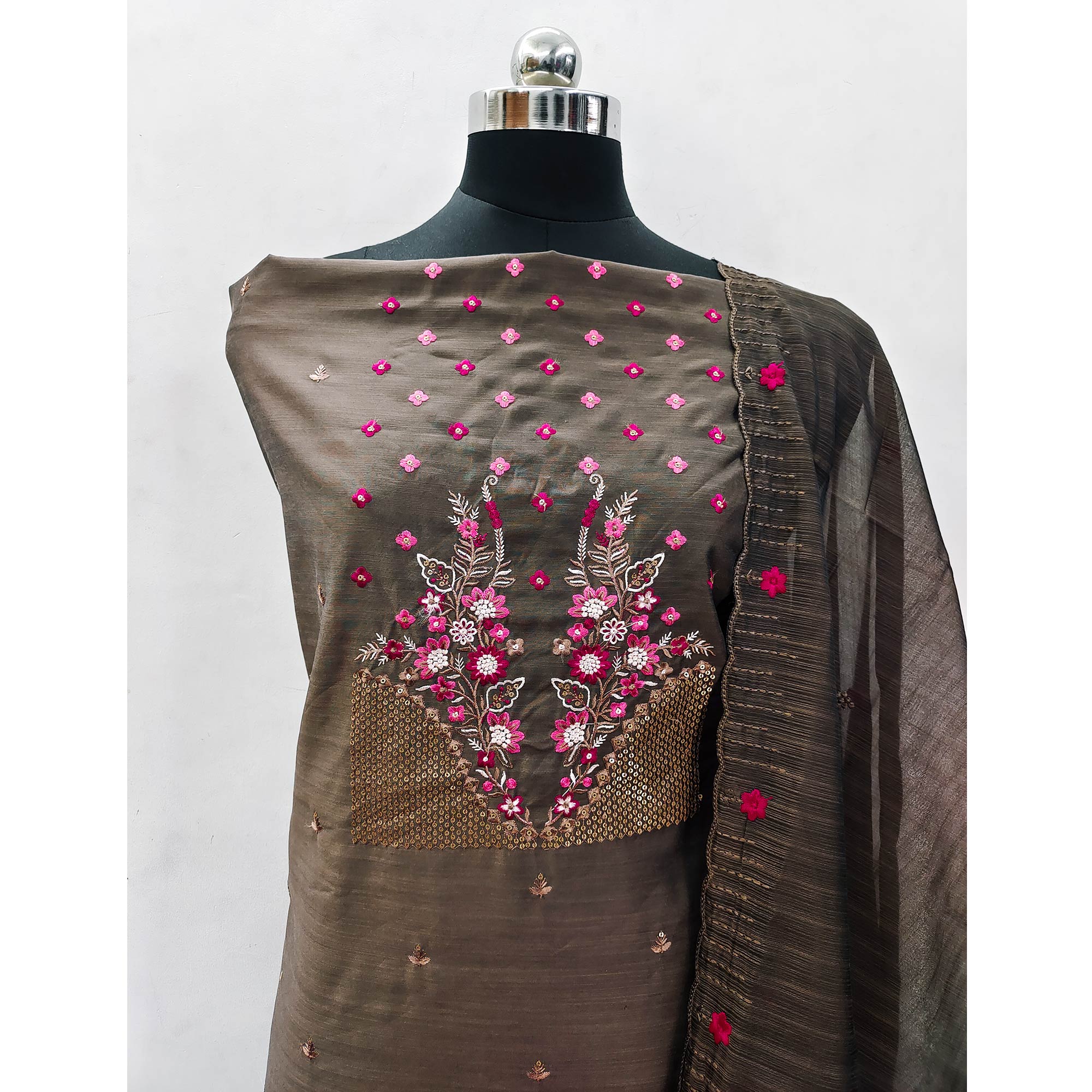 Brown Floral Embroidered Cotton Blend Dress Material