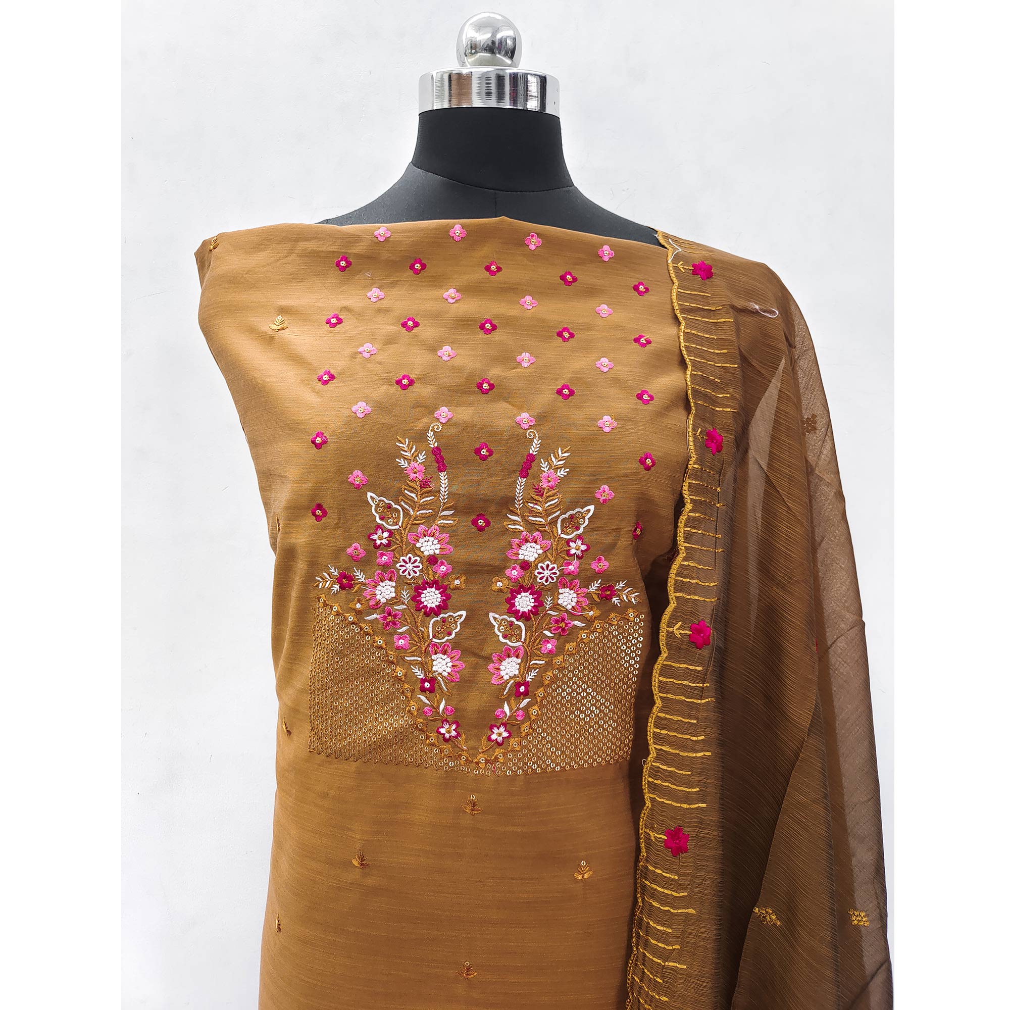 Yellow Ocre Floral Embroidered Cotton Blend Dress Material