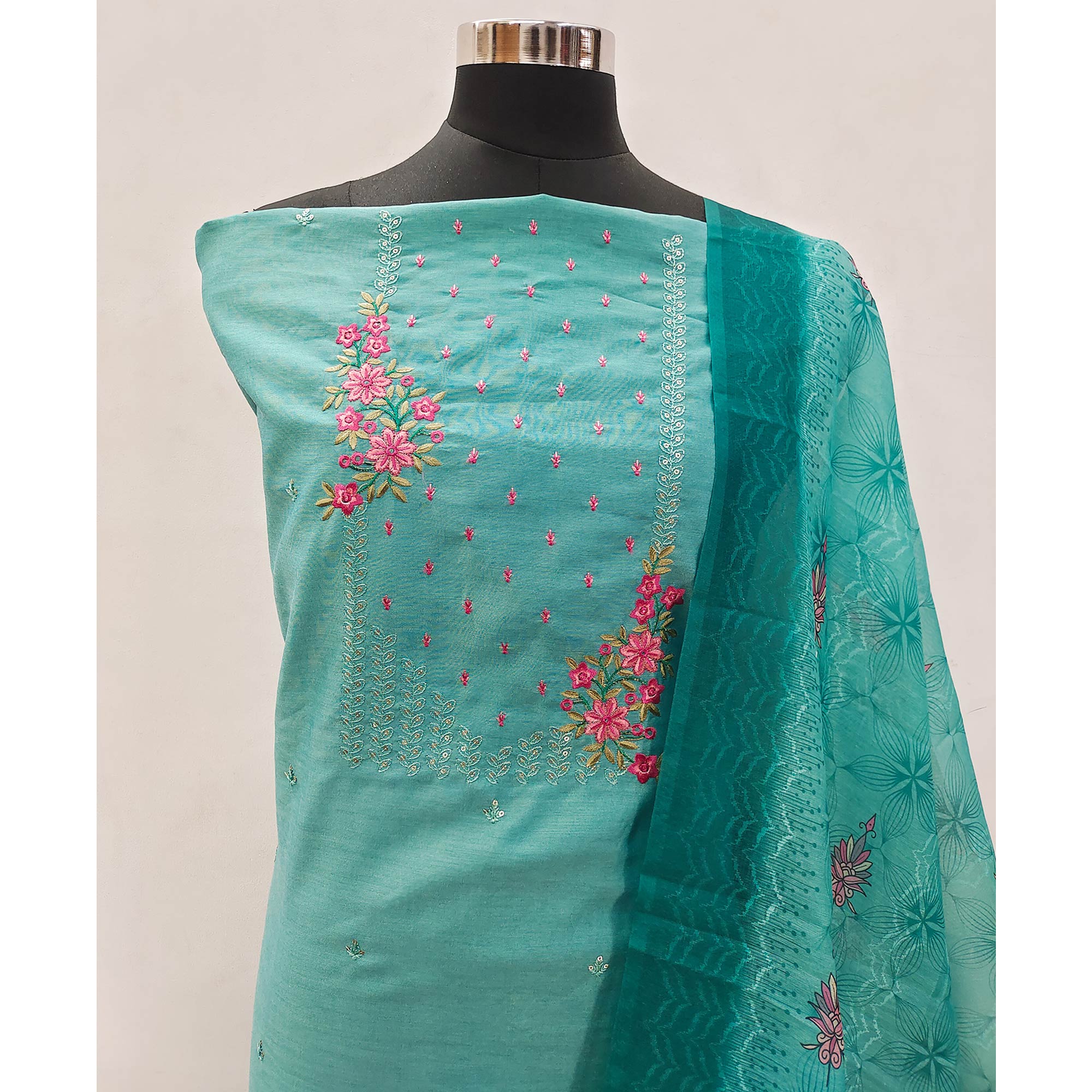 Rama Green Floral Embroidered Cotton Blend Dress Material
