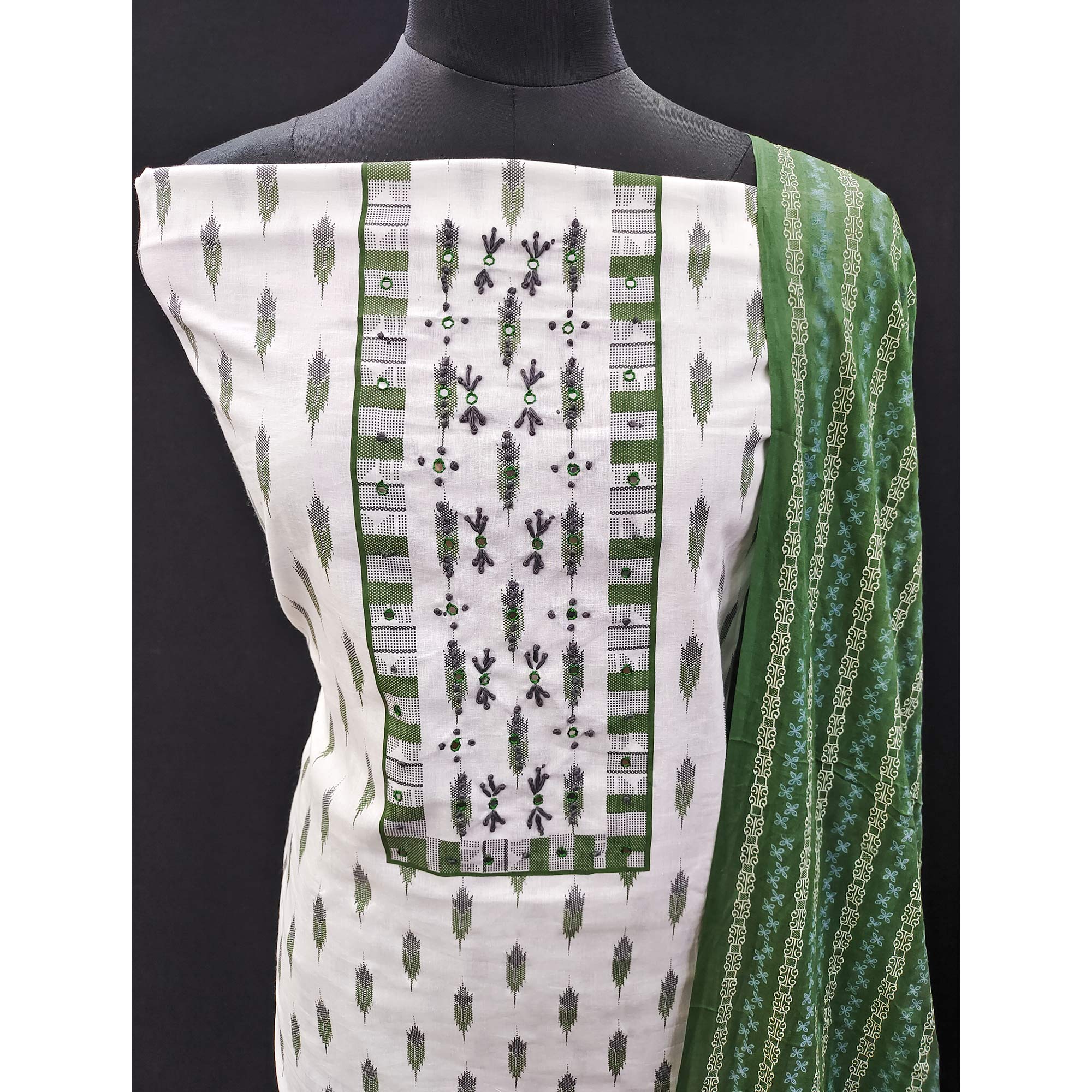 White & Green Printed Pure Cotton Dress Material