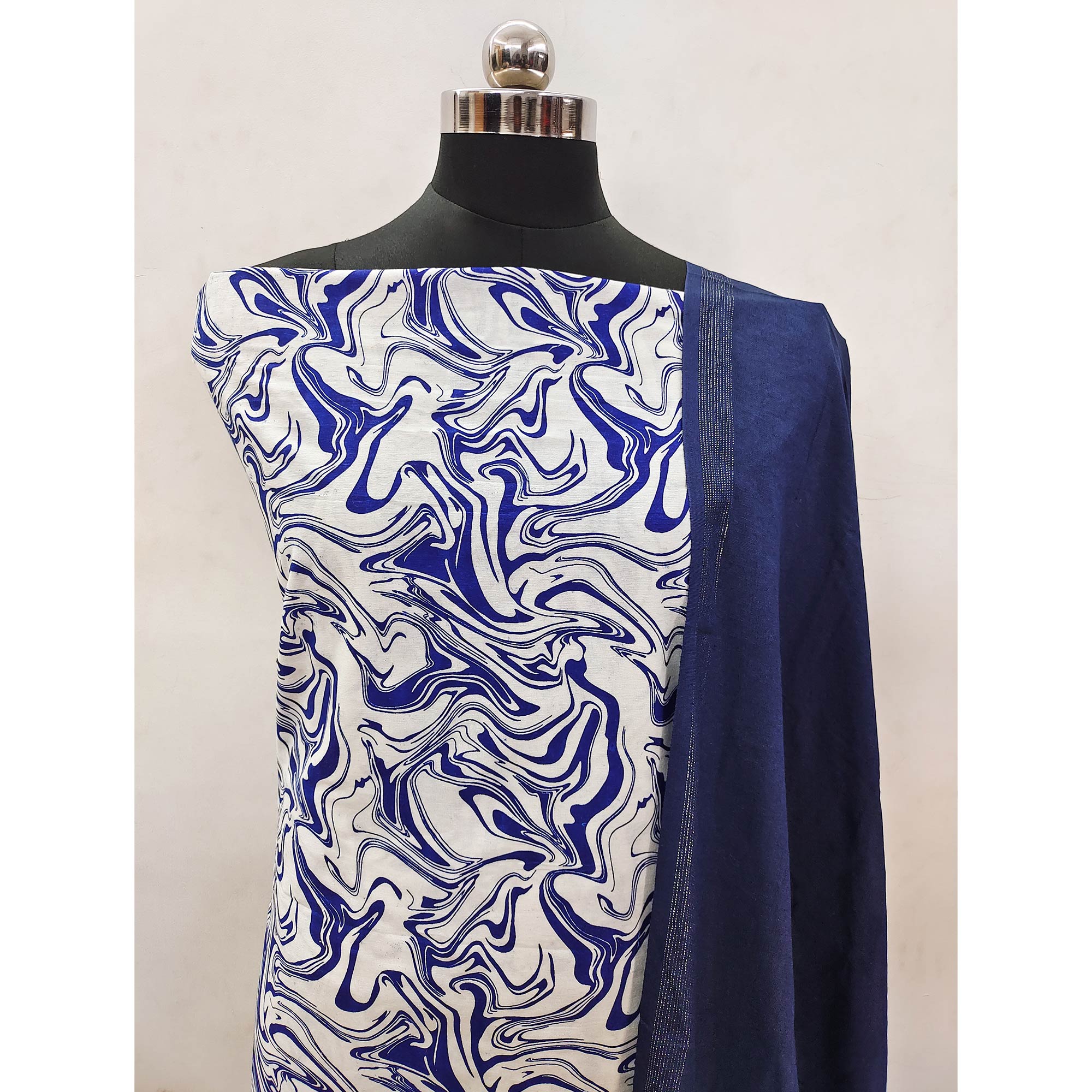 White & Blue Printed Pure Cotton Dress Material