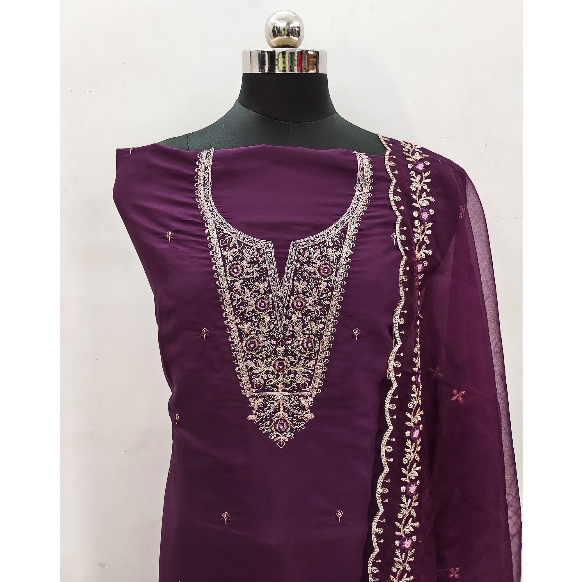 Purple Floral Embroidered Viscose Dress Material