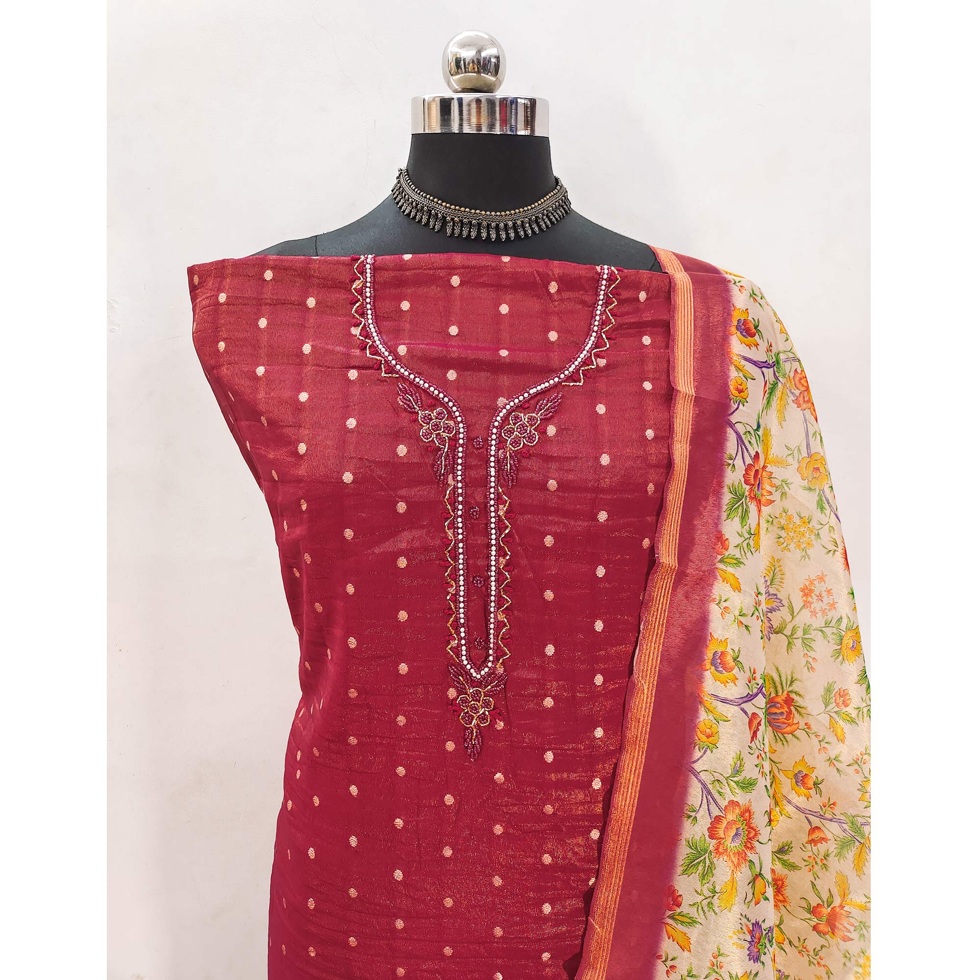Red Zari Work Woven Net Dress Material