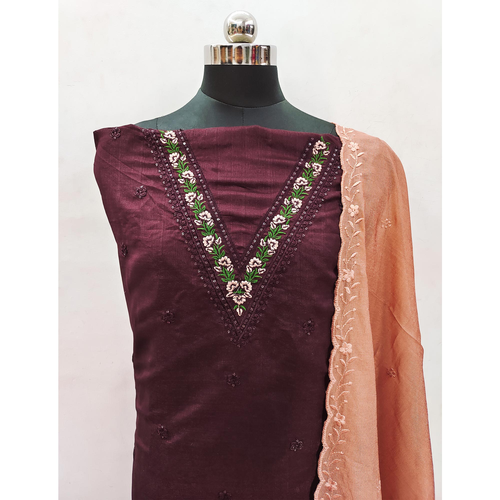 Wine Floral Embroidered Vichitra Silk Dress Material