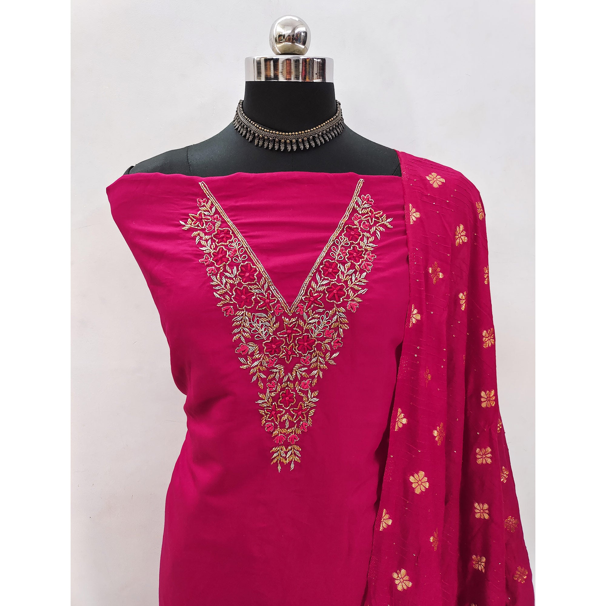 Pink Beads Embroidered Viscose Dress Material