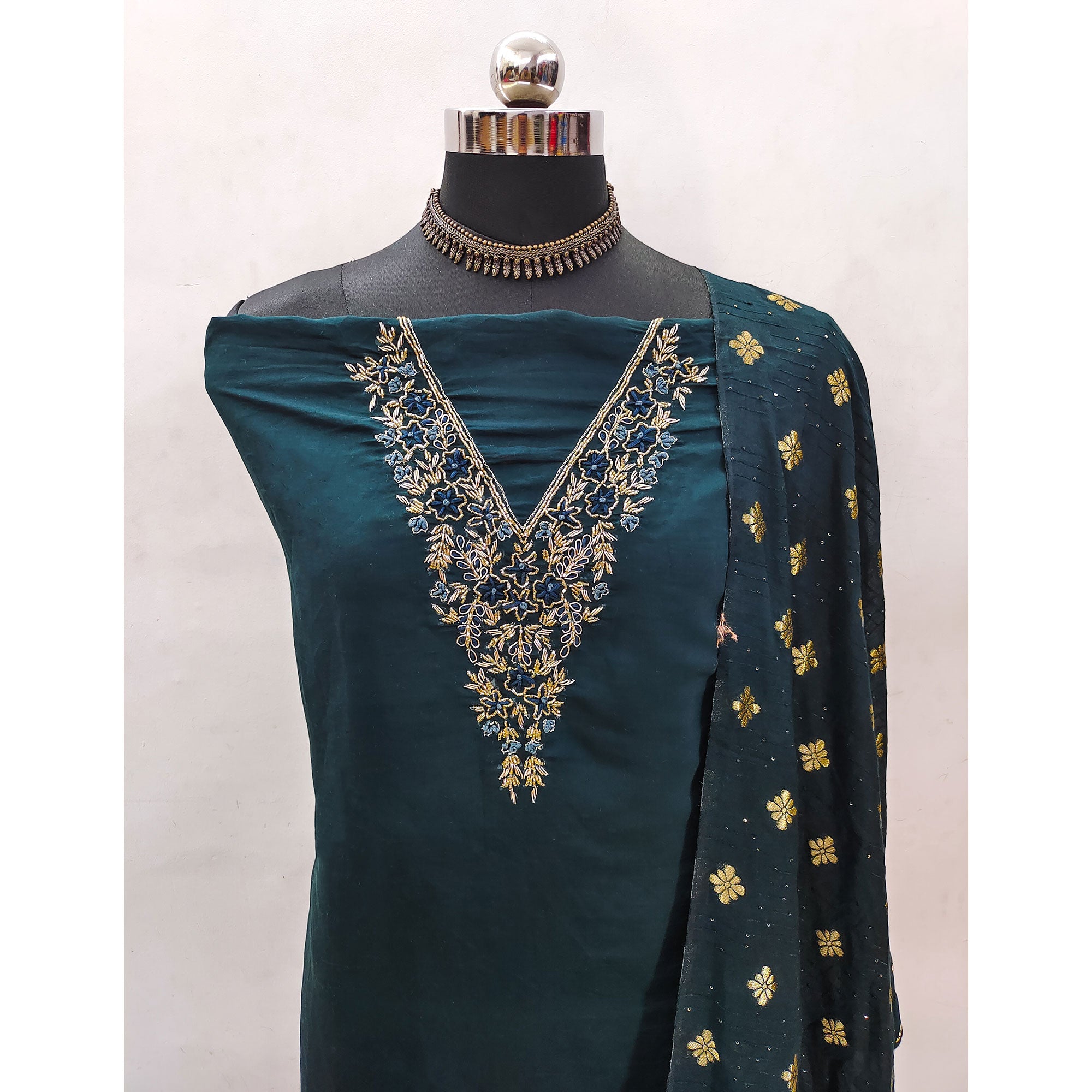Teal Green Beads Embroidered Viscose Dress Material