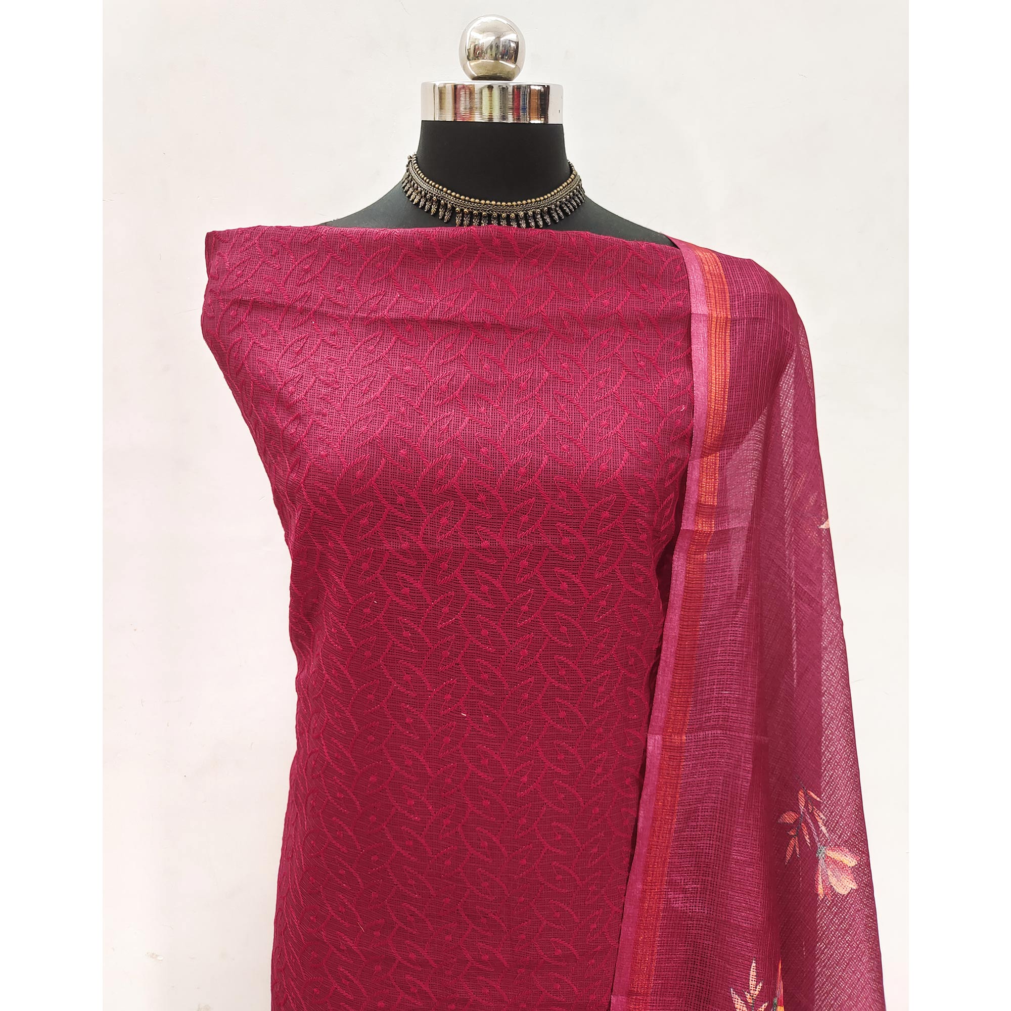Dark Pink Embroidered Kota Doria Dress Material