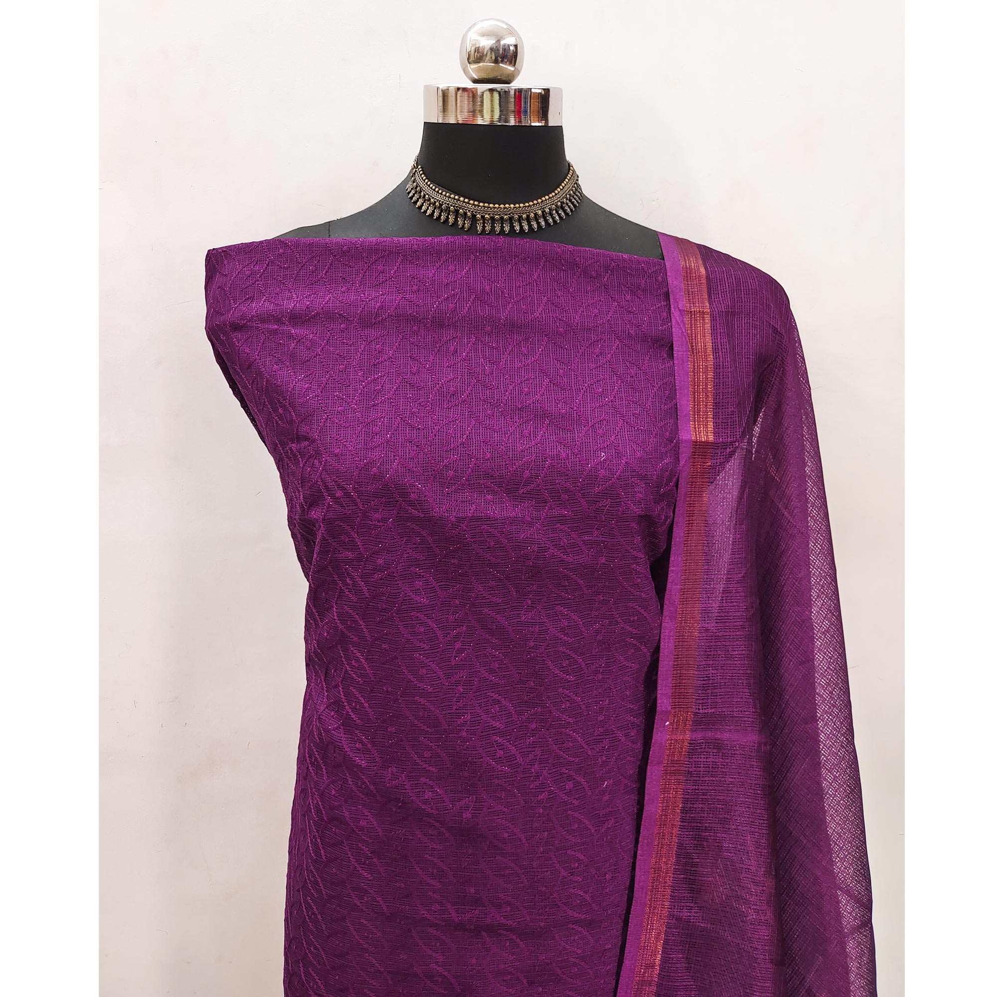 Dark Purple Embroidered Kota Doria Dress Material