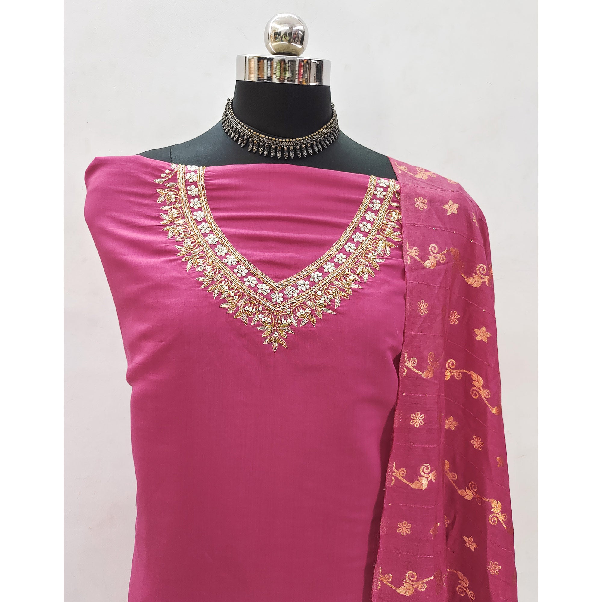 Pink Beads Embroidered Viscose Dress Material