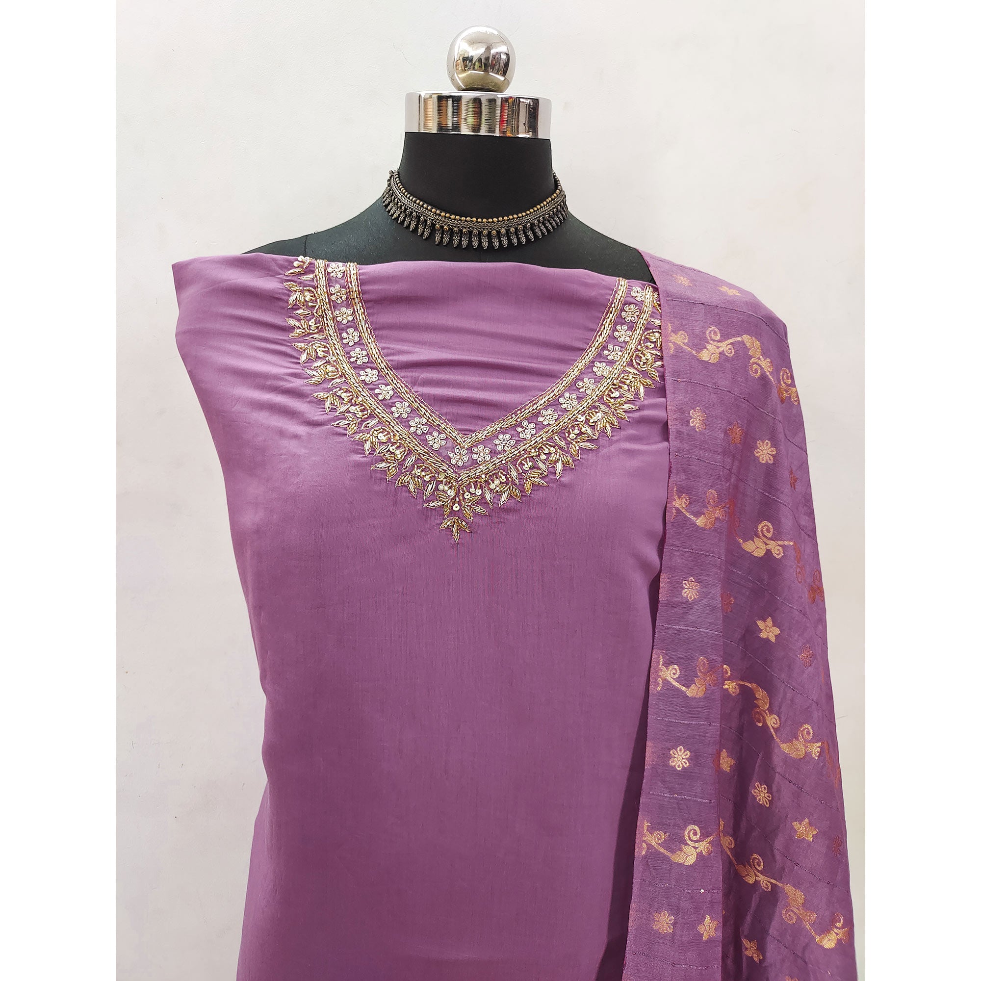 Purple Beads Embroidered Viscose Dress Material