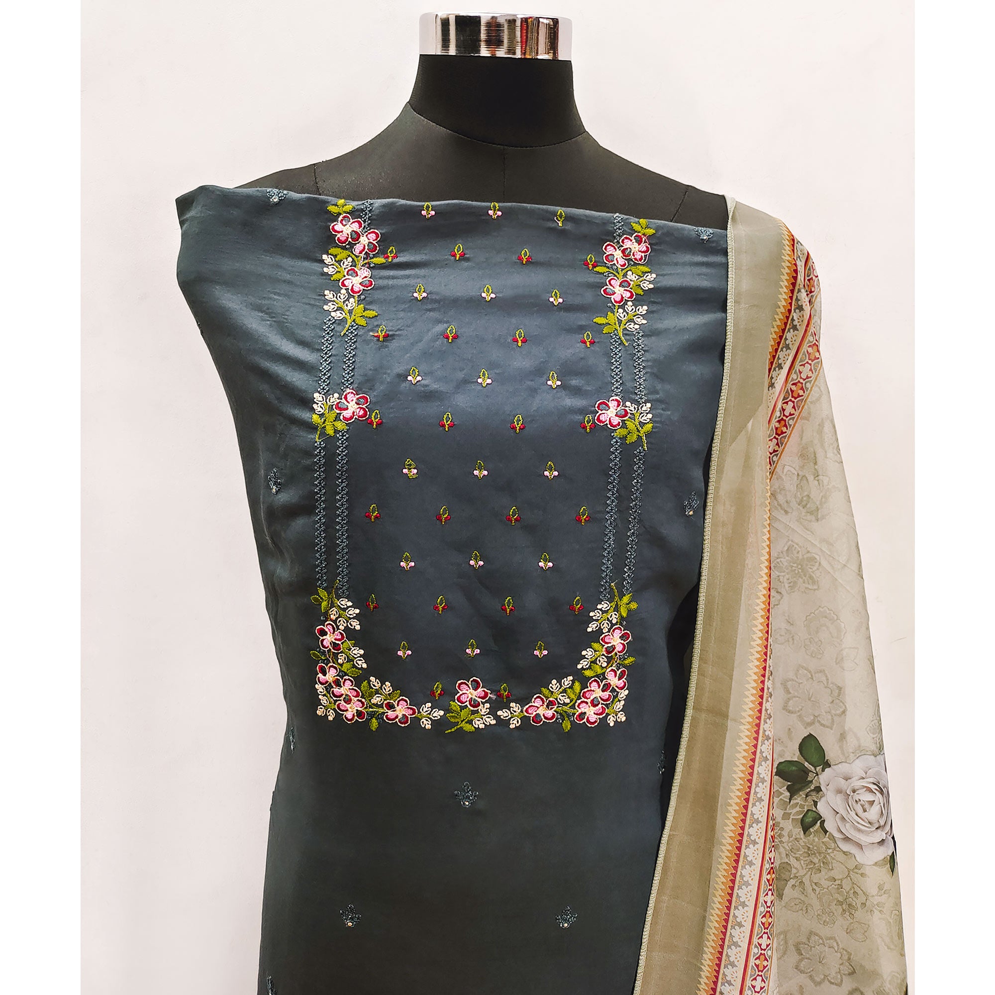 Grey Floral Embroidered Viscose Dress Material