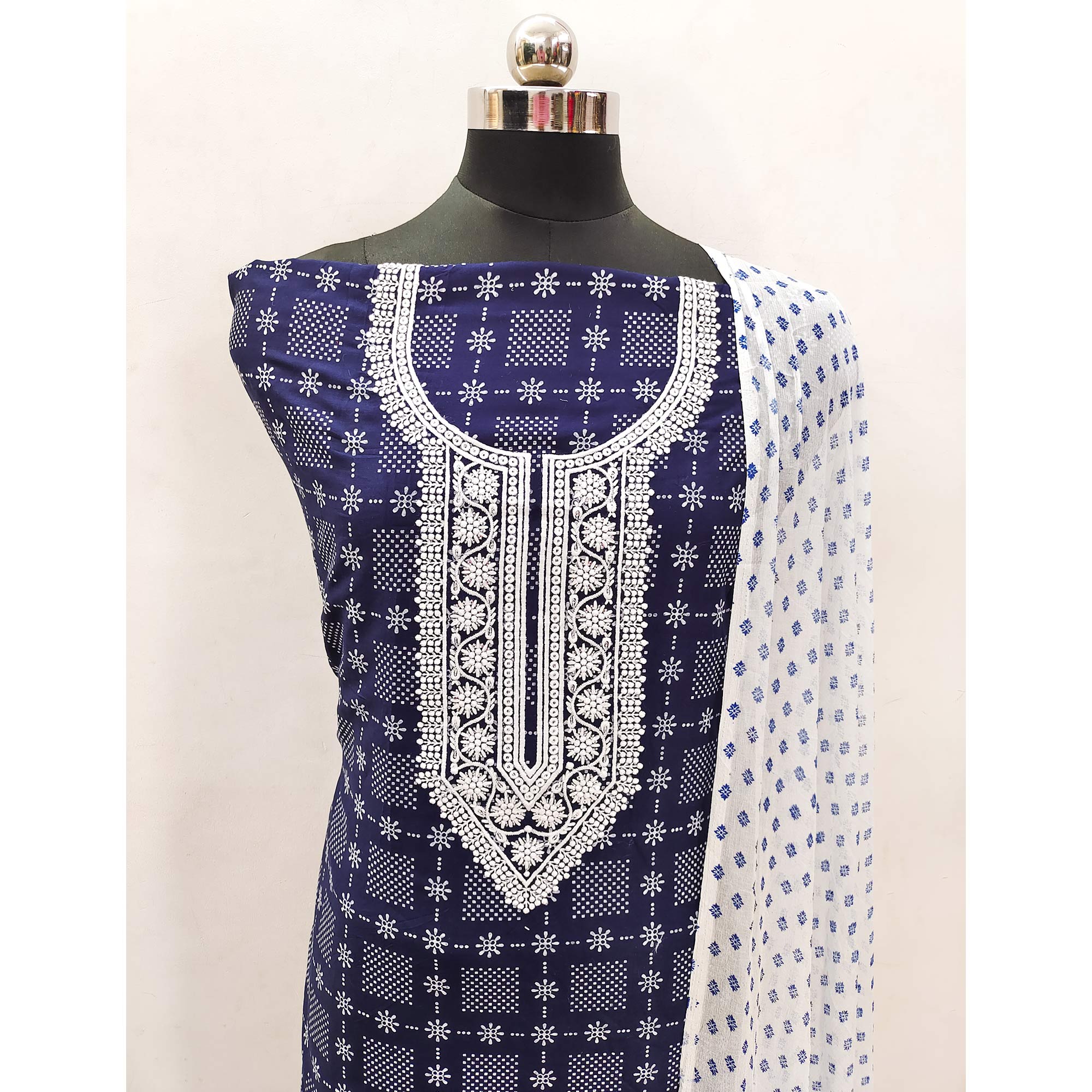 Navy Blue Printed Rayon Dress Material