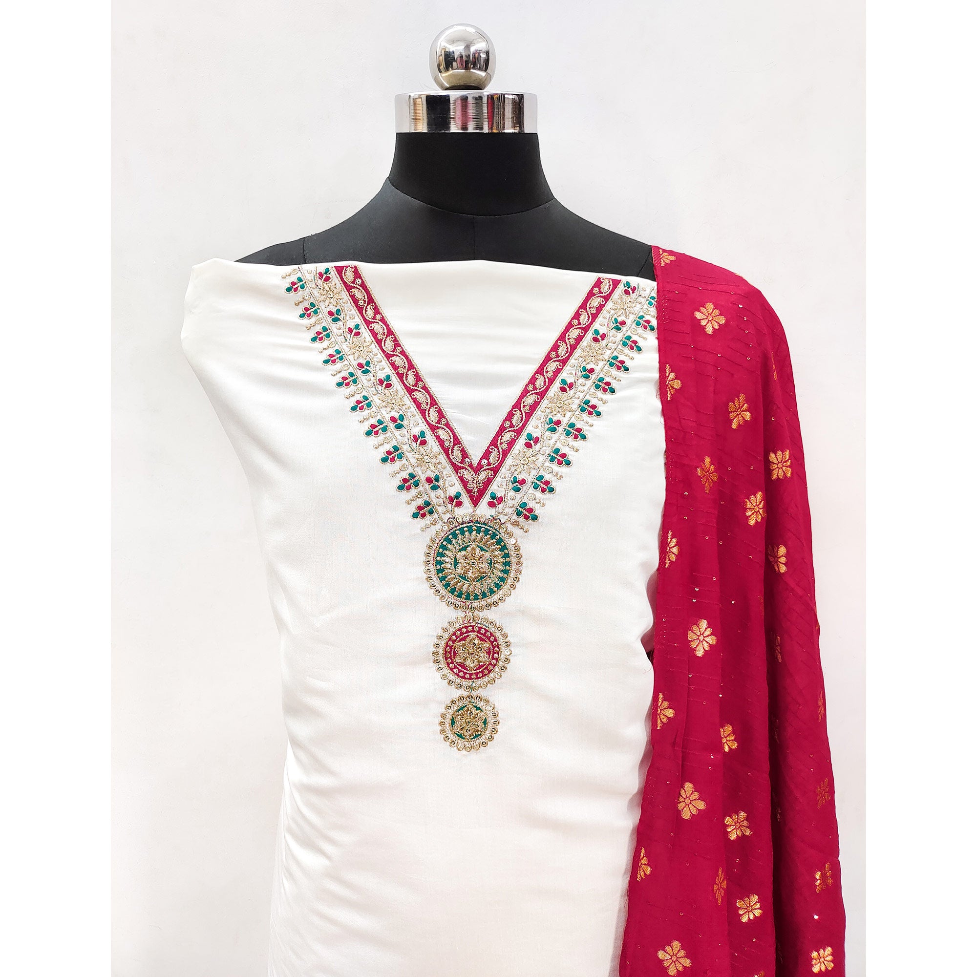 White Embroidered Viscose Dress Material