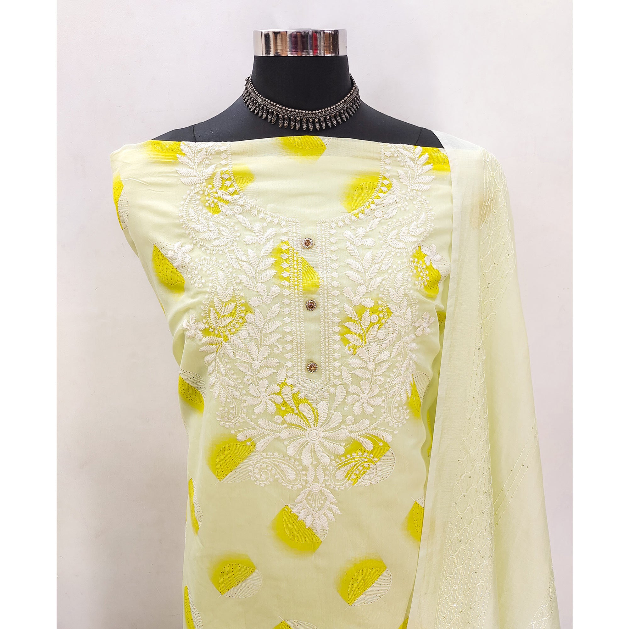 Light Yellow Embroidered Chanderi Dress Material