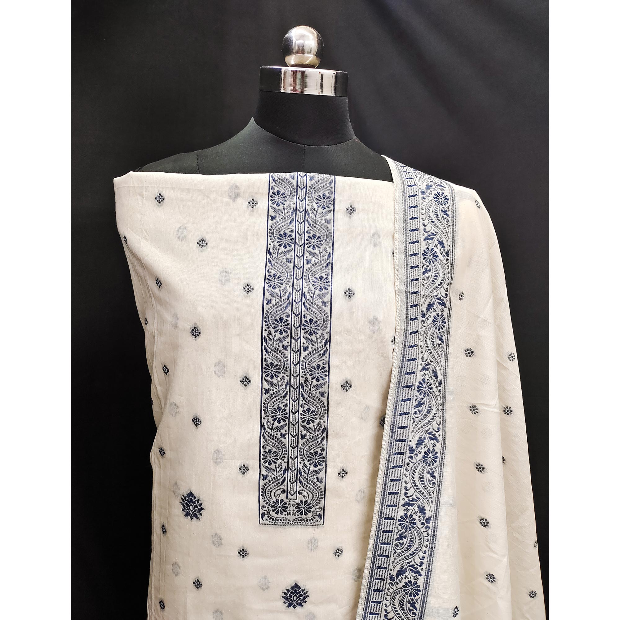 Off White & Navy Blue Woven Pure Cotton Dress Material