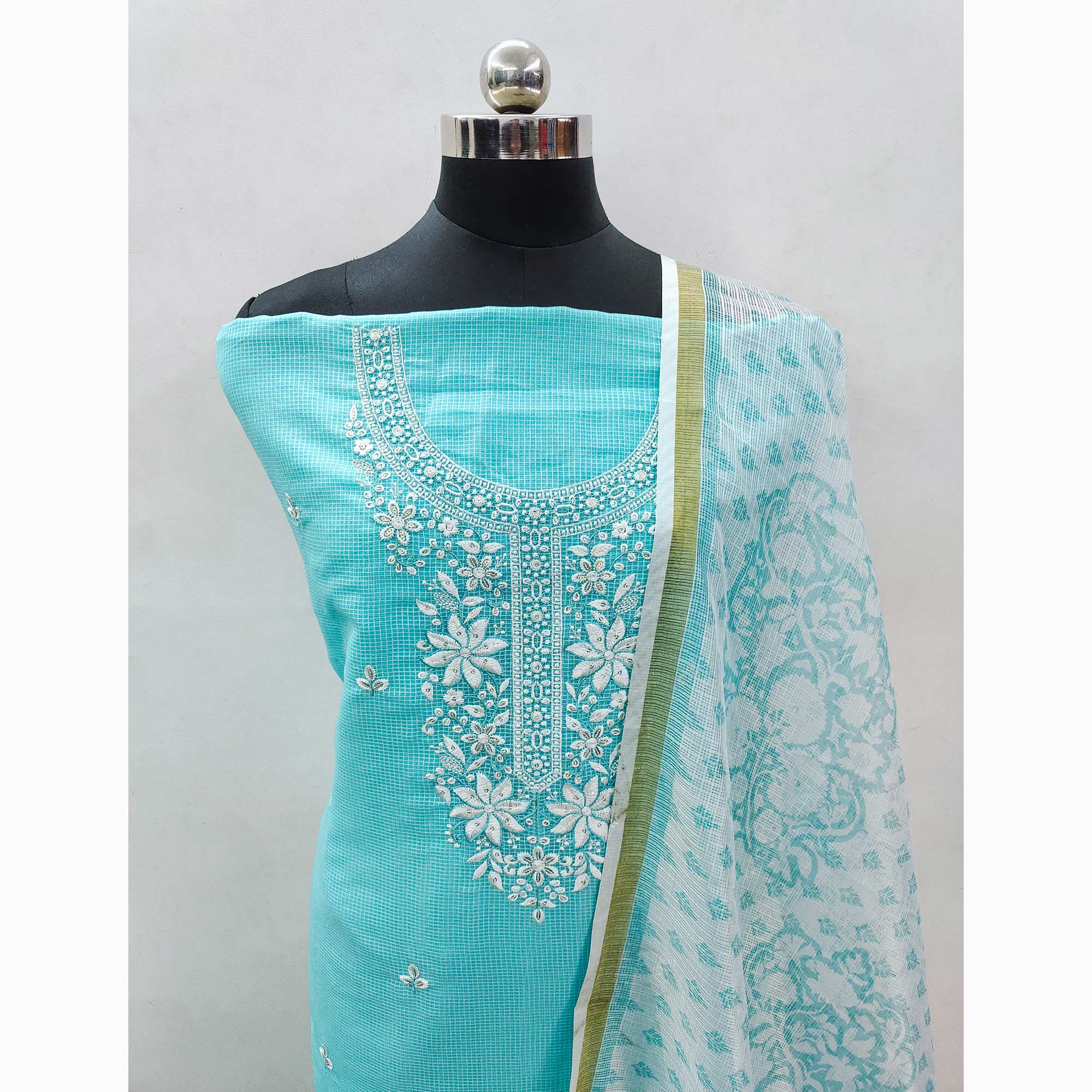 Turquoise Floral Embroidered Kota Doria Dress Material