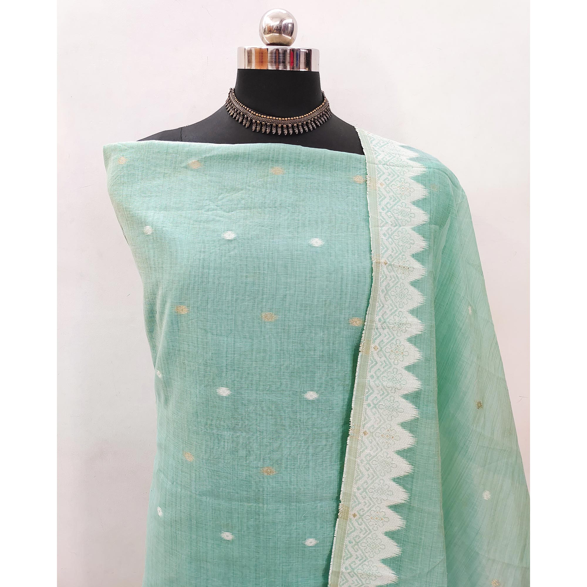 Turquoise Floral Woven Banarasi Silk Dress Material
