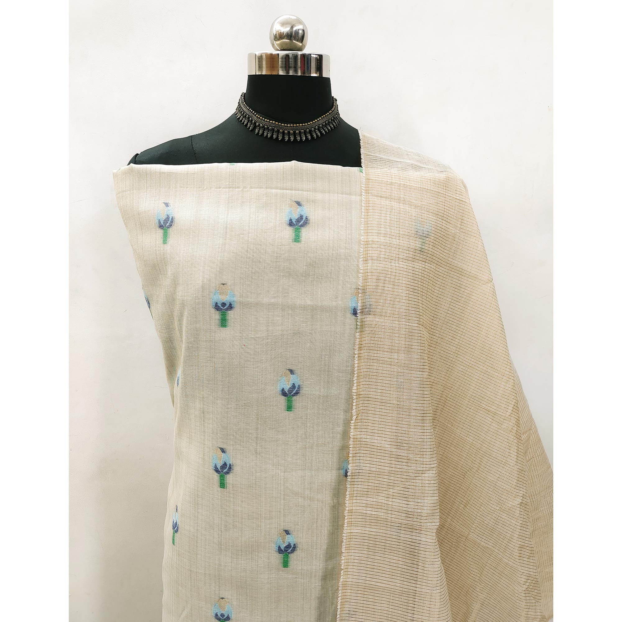 Cream & Blue Floral Woven Banarasi Silk Dress Material