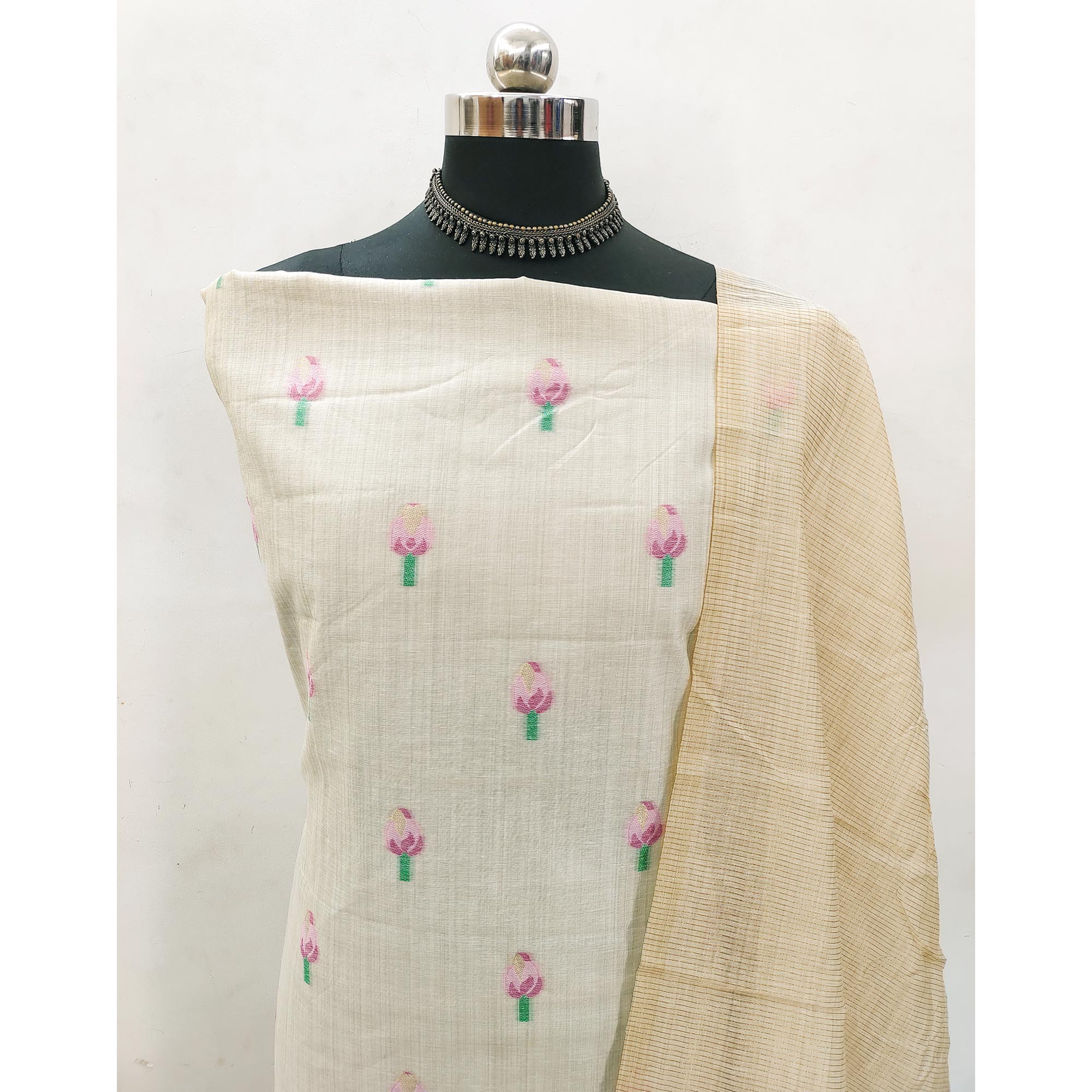 Cream & Pink Floral Woven Banarasi Silk Dress Material