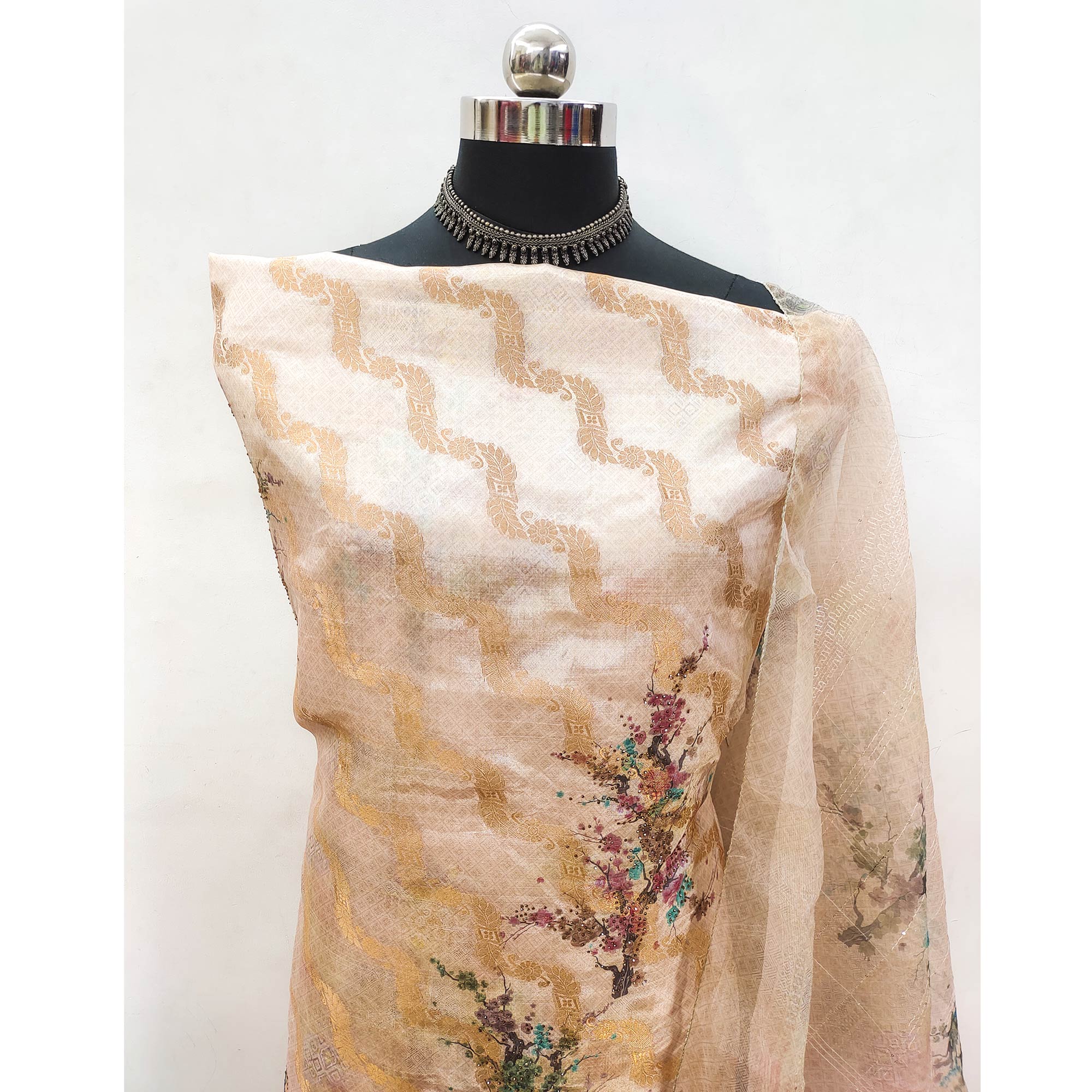 Soft Peach Woven With Digital Printed Organza Dress Material