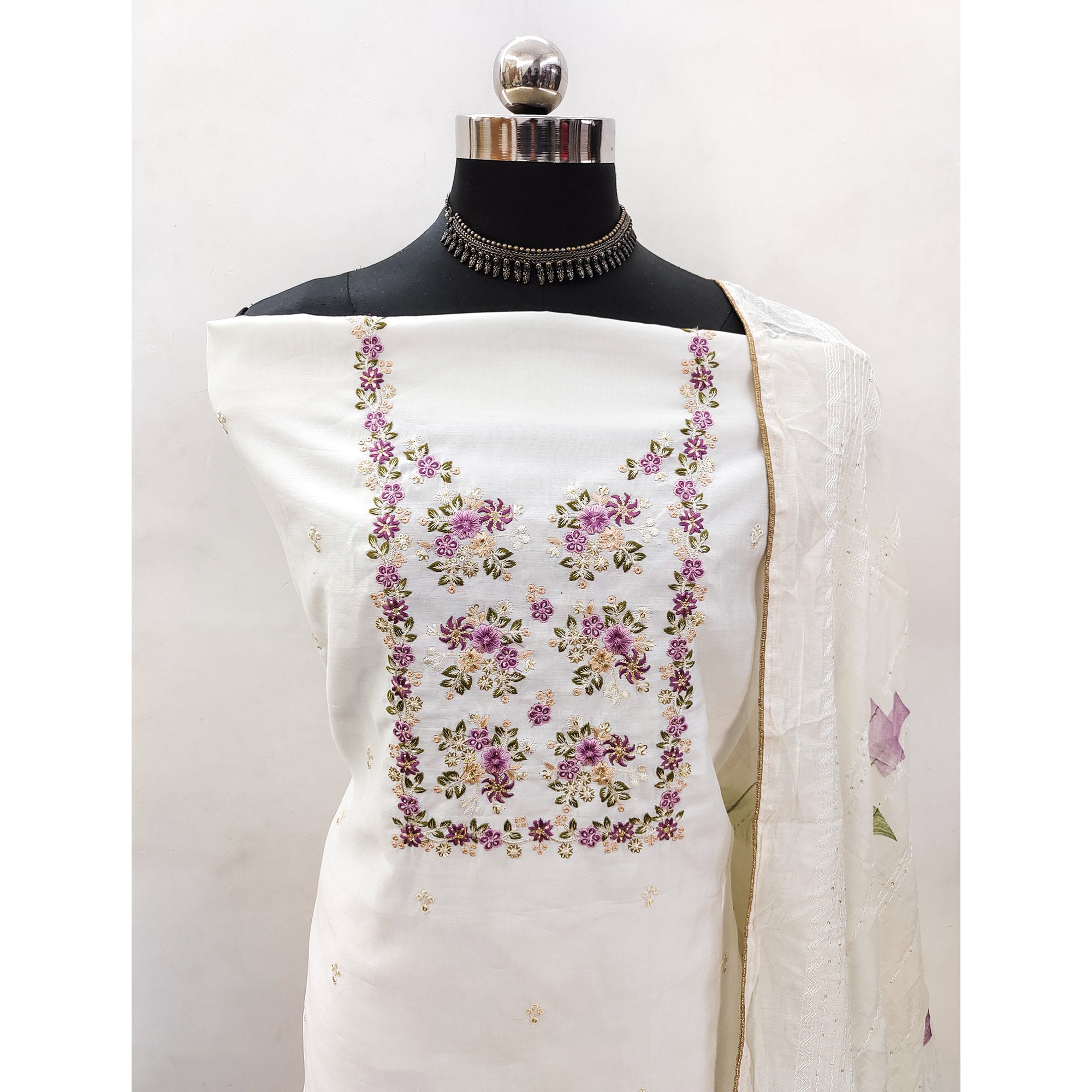 White Floral Embroidered Viscose Dress Material