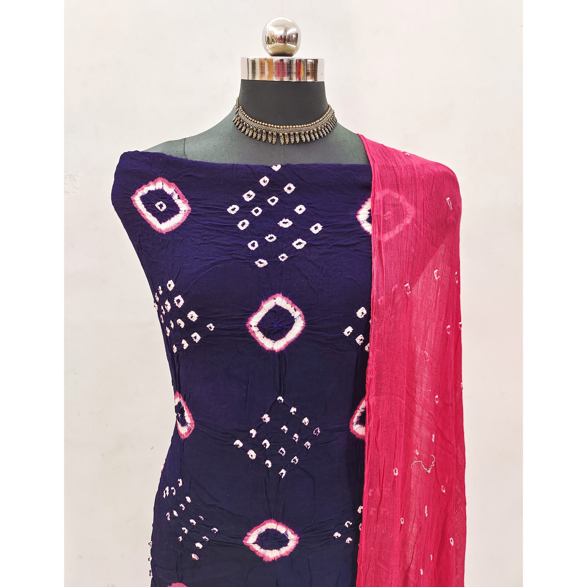 Blue & Pink Tie & Dye Printed Rayon Dress Material