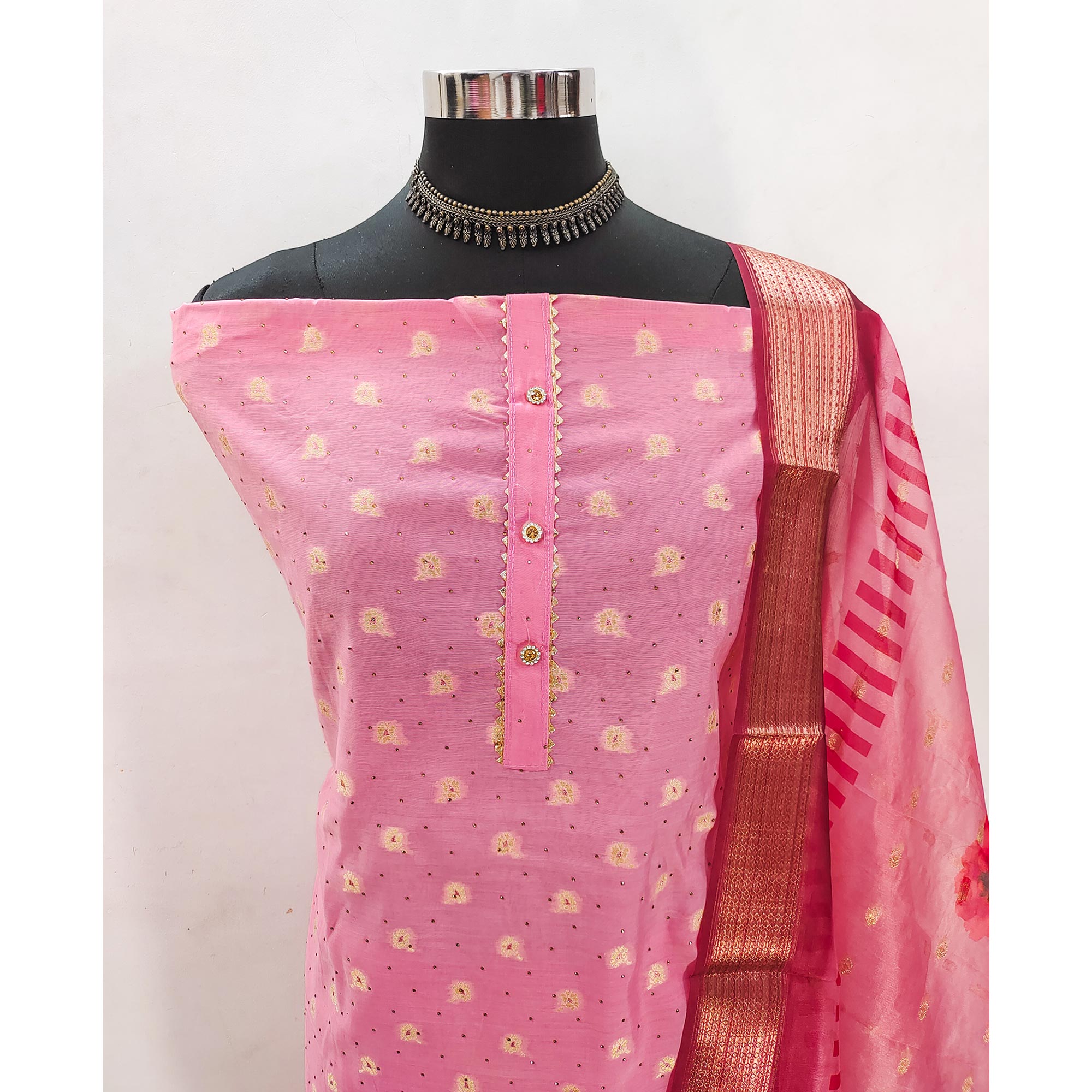Gajari Pink Woven With Swarovski Work Banarasi Silk Dress Material