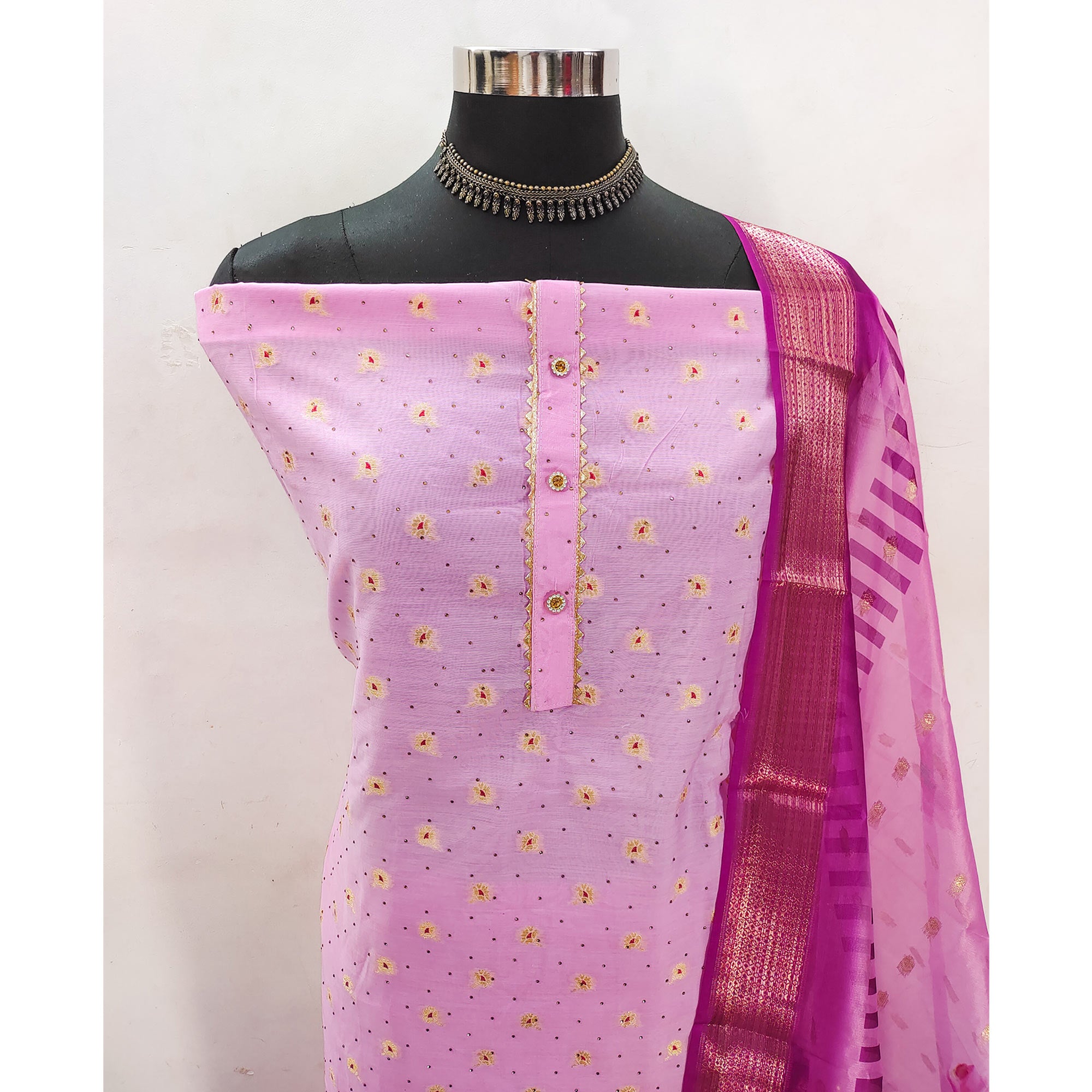 Pink Woven With Swarovski Work Banarasi Silk Dress Material