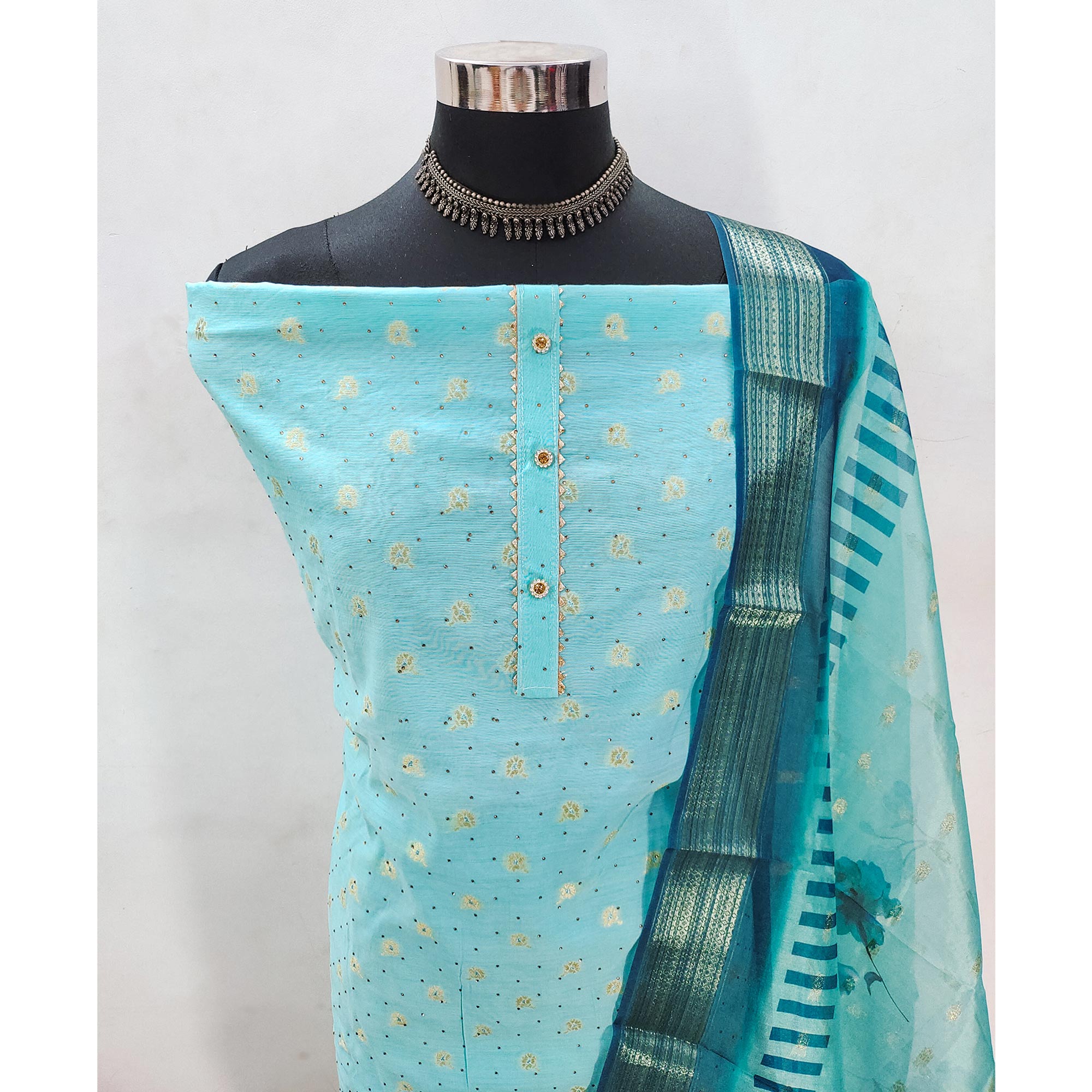 Turquoise Woven With Swarovski Work Banarasi Silk Dress Material