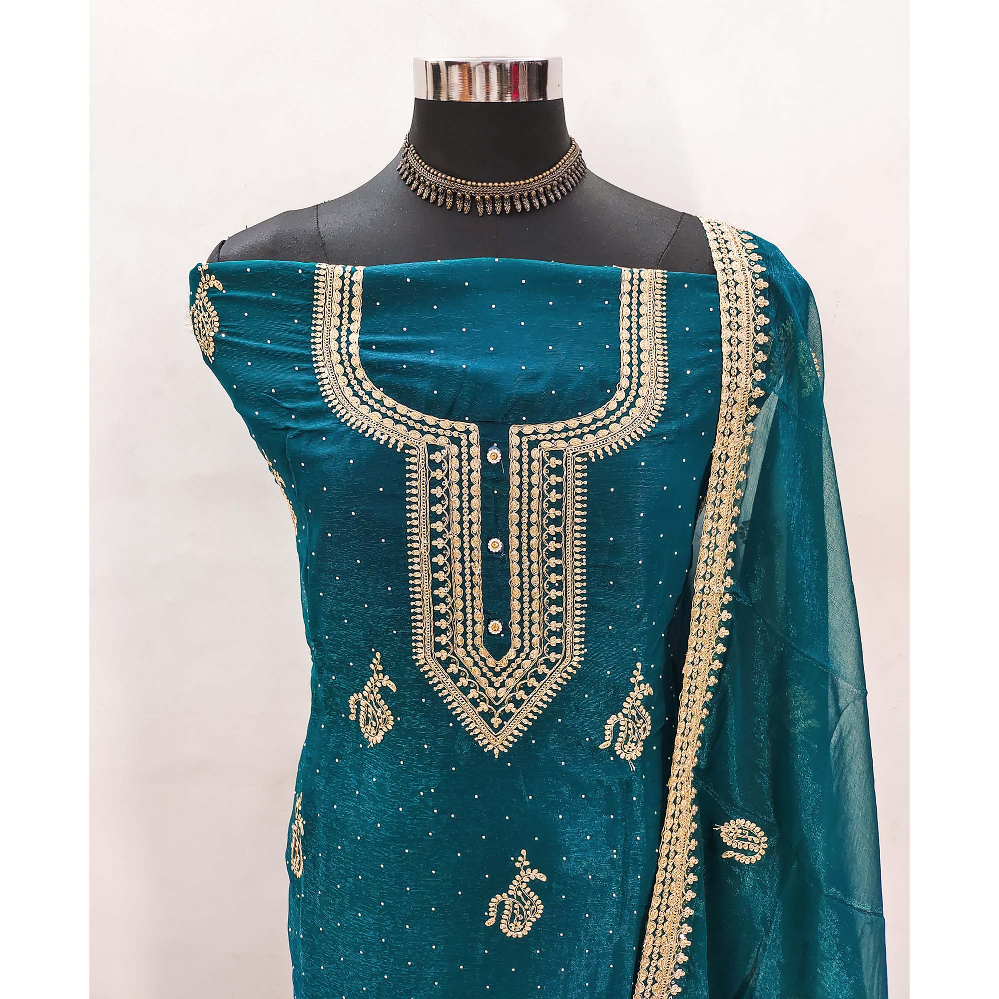 Teal Floral Embroidery With Swarovski Work Georgette Dress Material