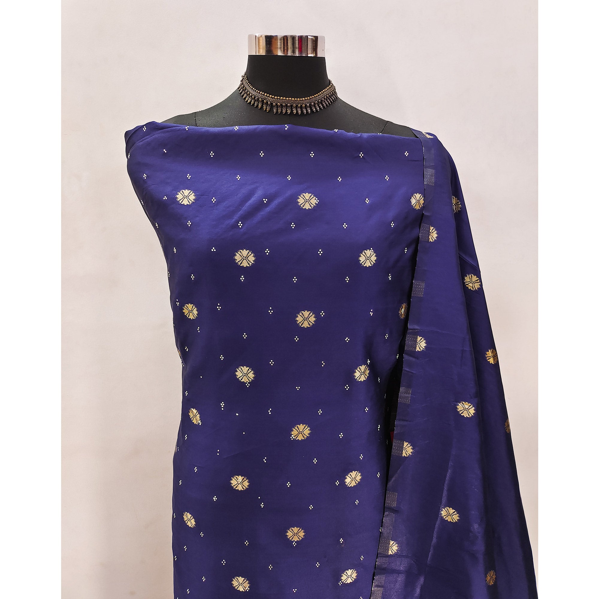 Navy Blue Floral Woven With Swarovski Work Banarasi Silk Dress Material