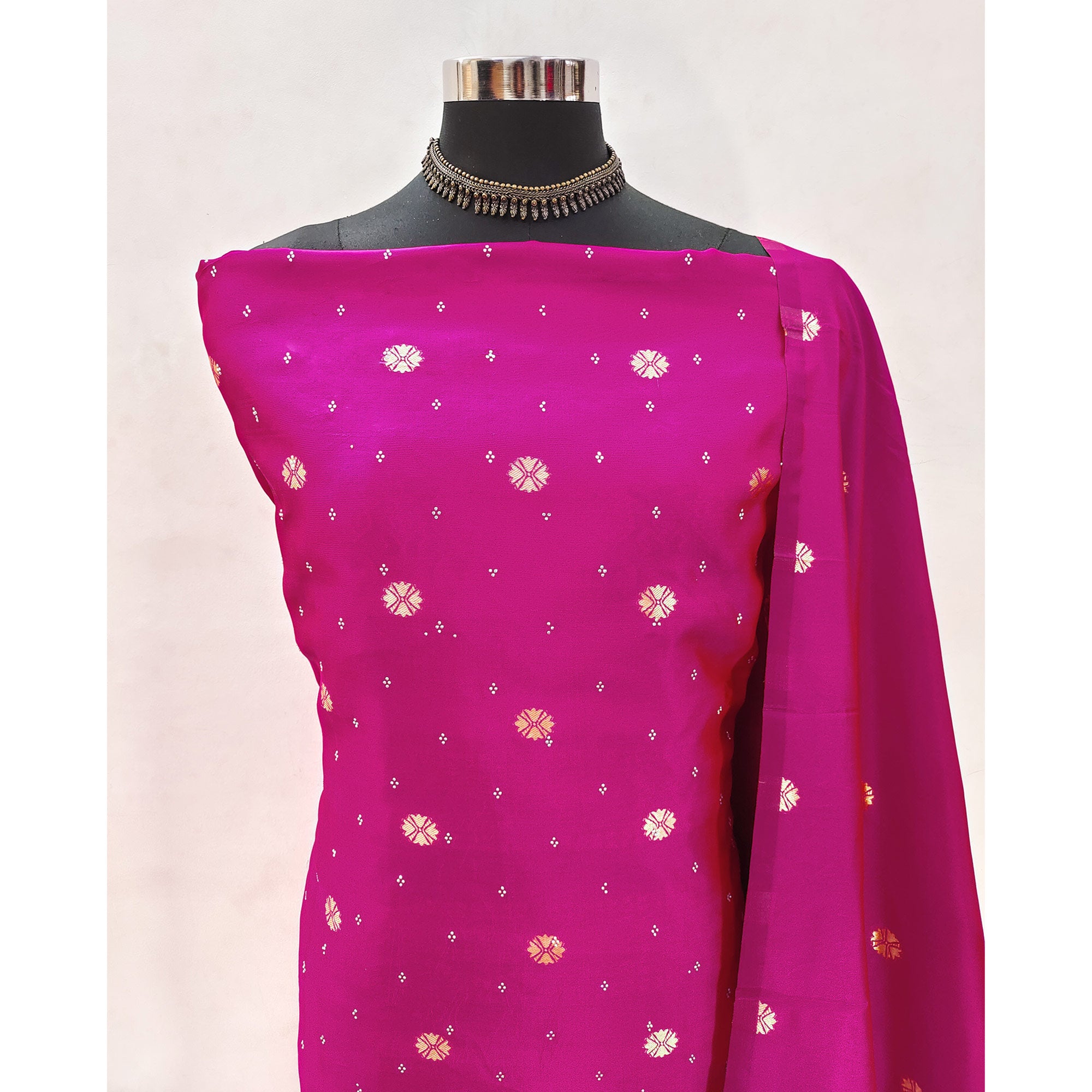 Pink Floral Woven With Swarovski Work Banarasi Silk Dress Material