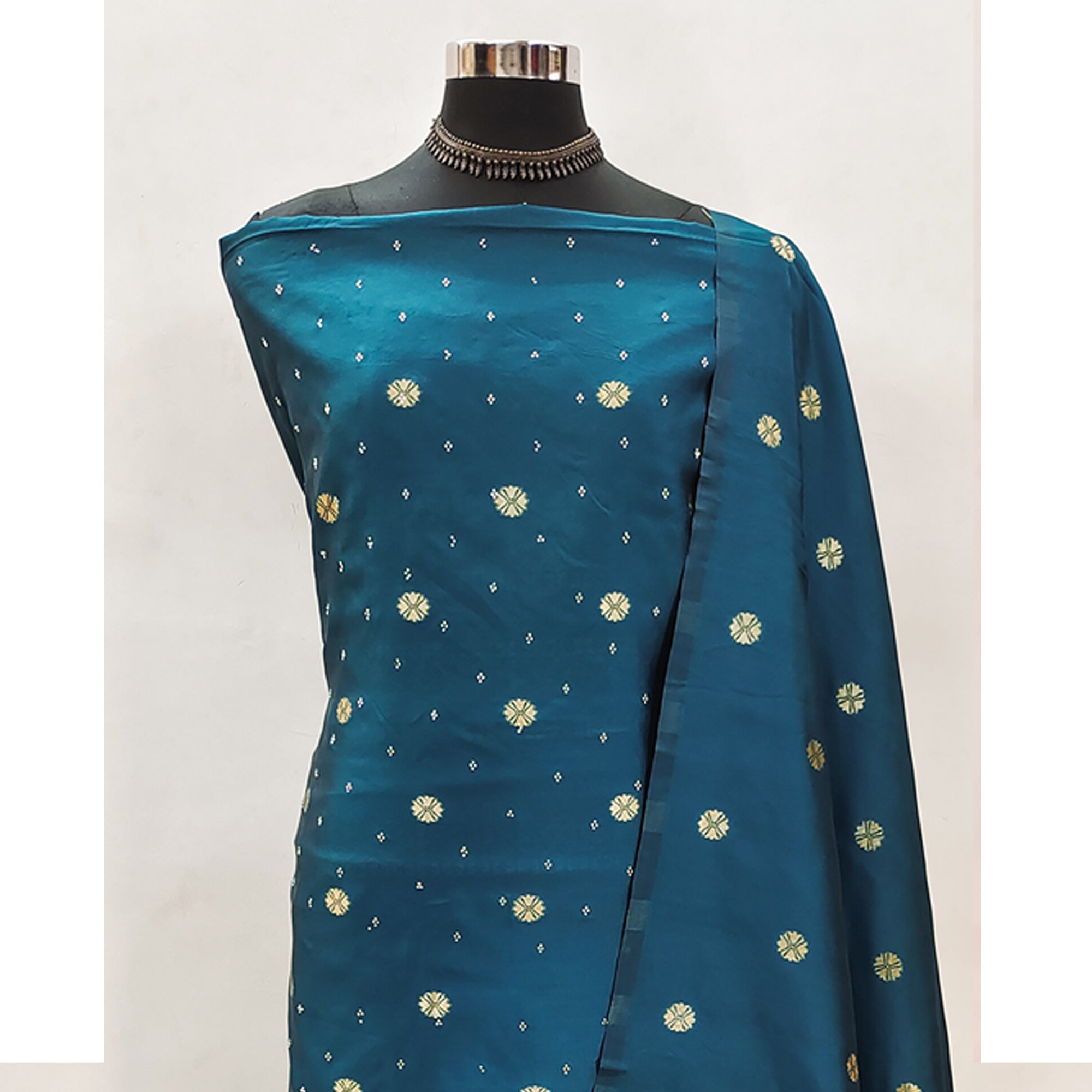 Teal Floral Woven With Swarovski Work Banarasi Silk Dress Material