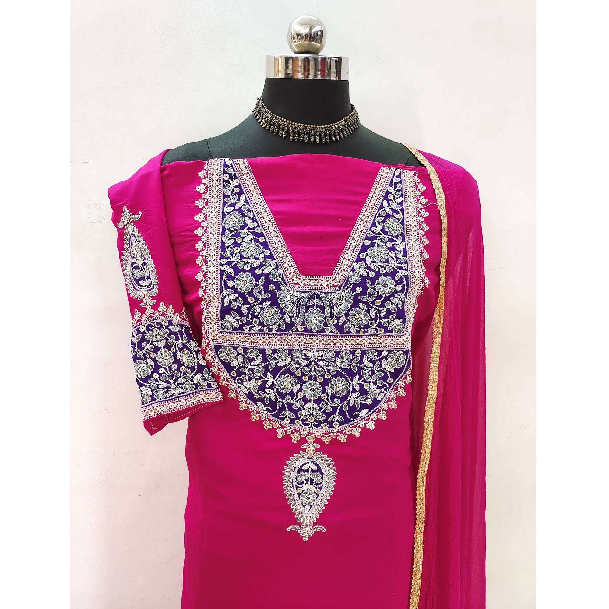 Pink Floral Sequins Embroidered Viscose Dress Material